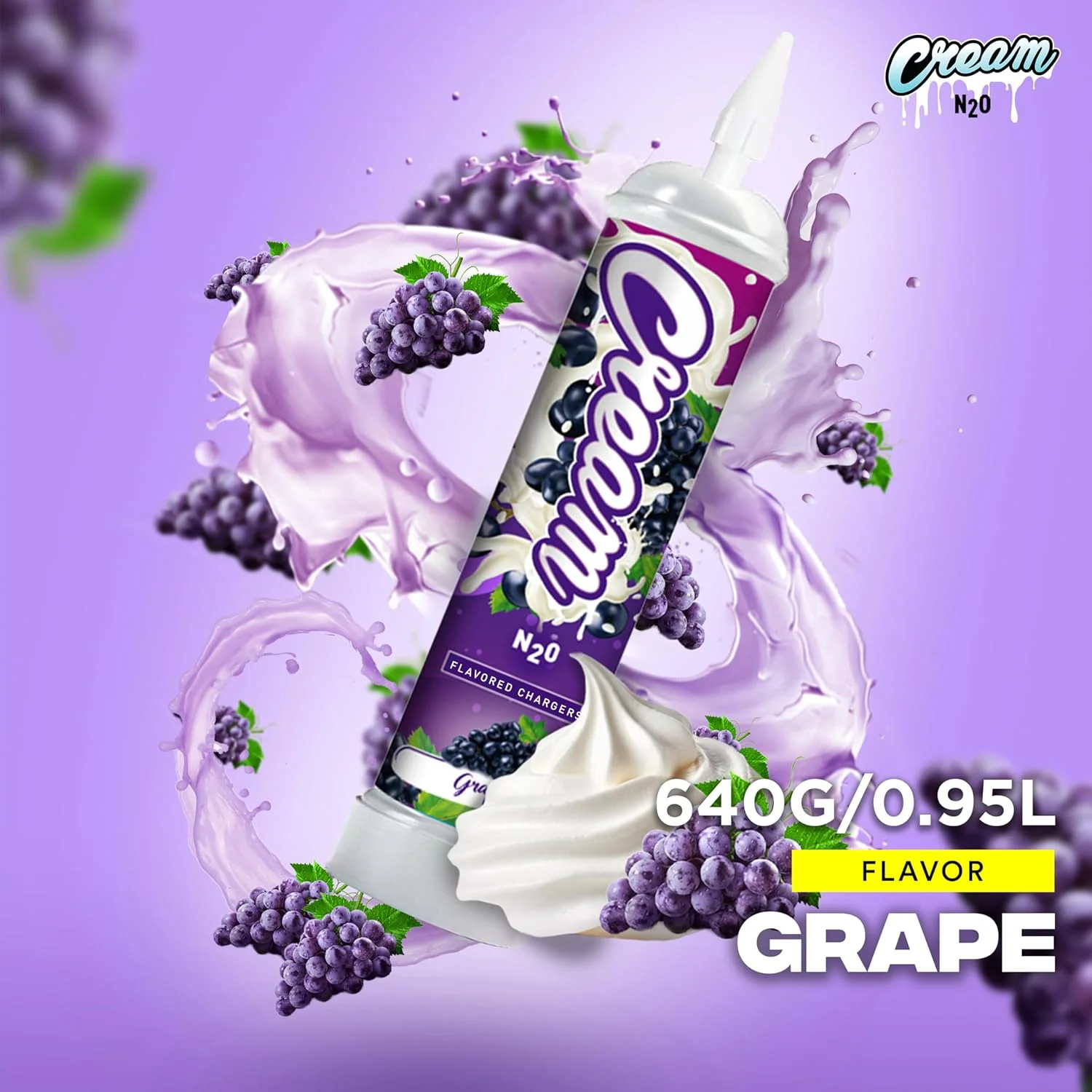 CREAM N2O Nitrous Oxide Whipped Cream Charger (Grape, 1pc, 640g 1.1L) - Nitrous Tank Whip Cream Charger, Nitrous Oxide Canister, N20 Whipped Cream Chargers, Whip It NO2 Cartridges, Nitrous Oxide Tank