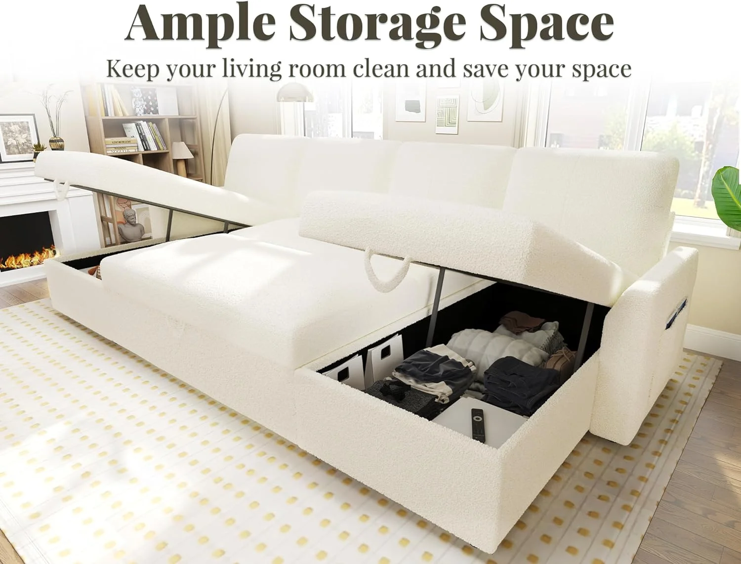 AMERLIFE Sleeper Sofa, 110 inch Overisze - 2 in 1 Pull Out Bed, Sectional Sleeper Sofa with Double Storage Chaise for Living Room, White Boucle Couch