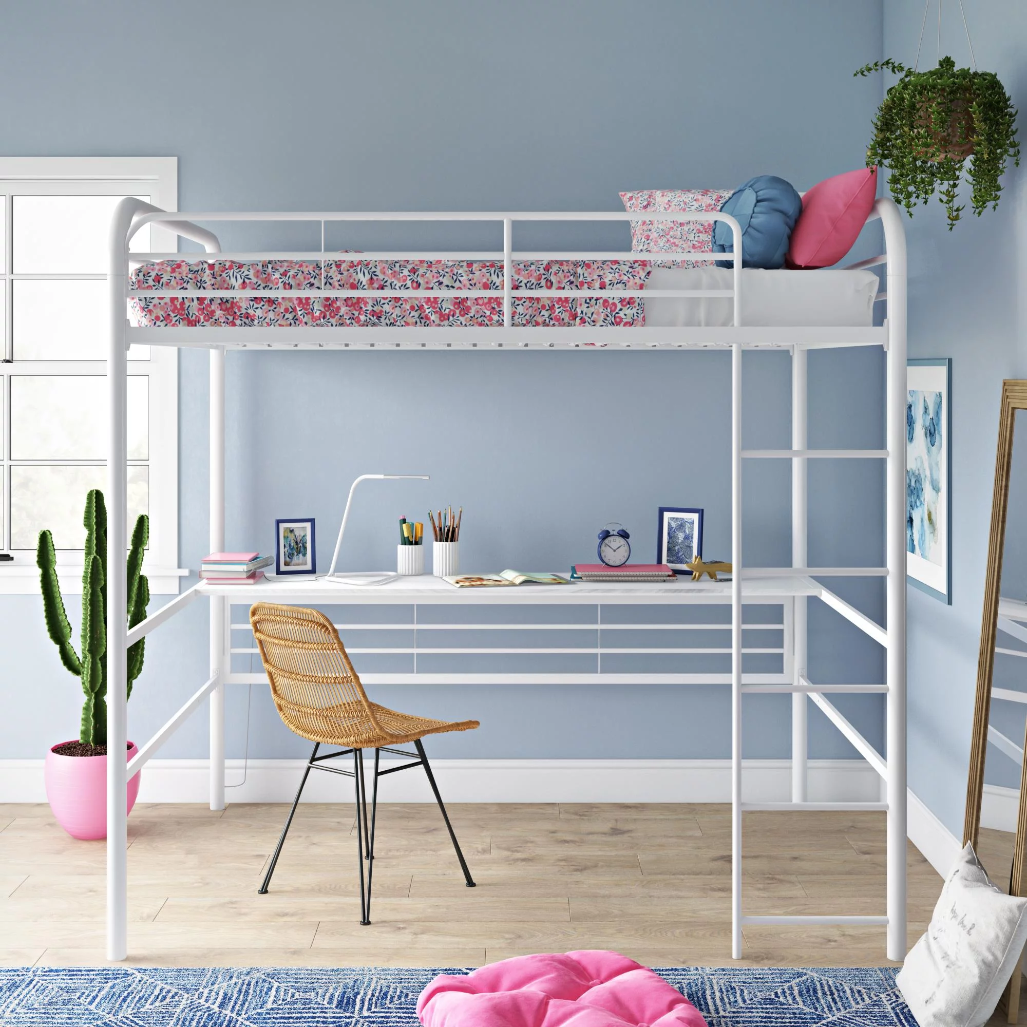 DHP Shawn Full Metal Loft Bed with Desk, Off White/Off White