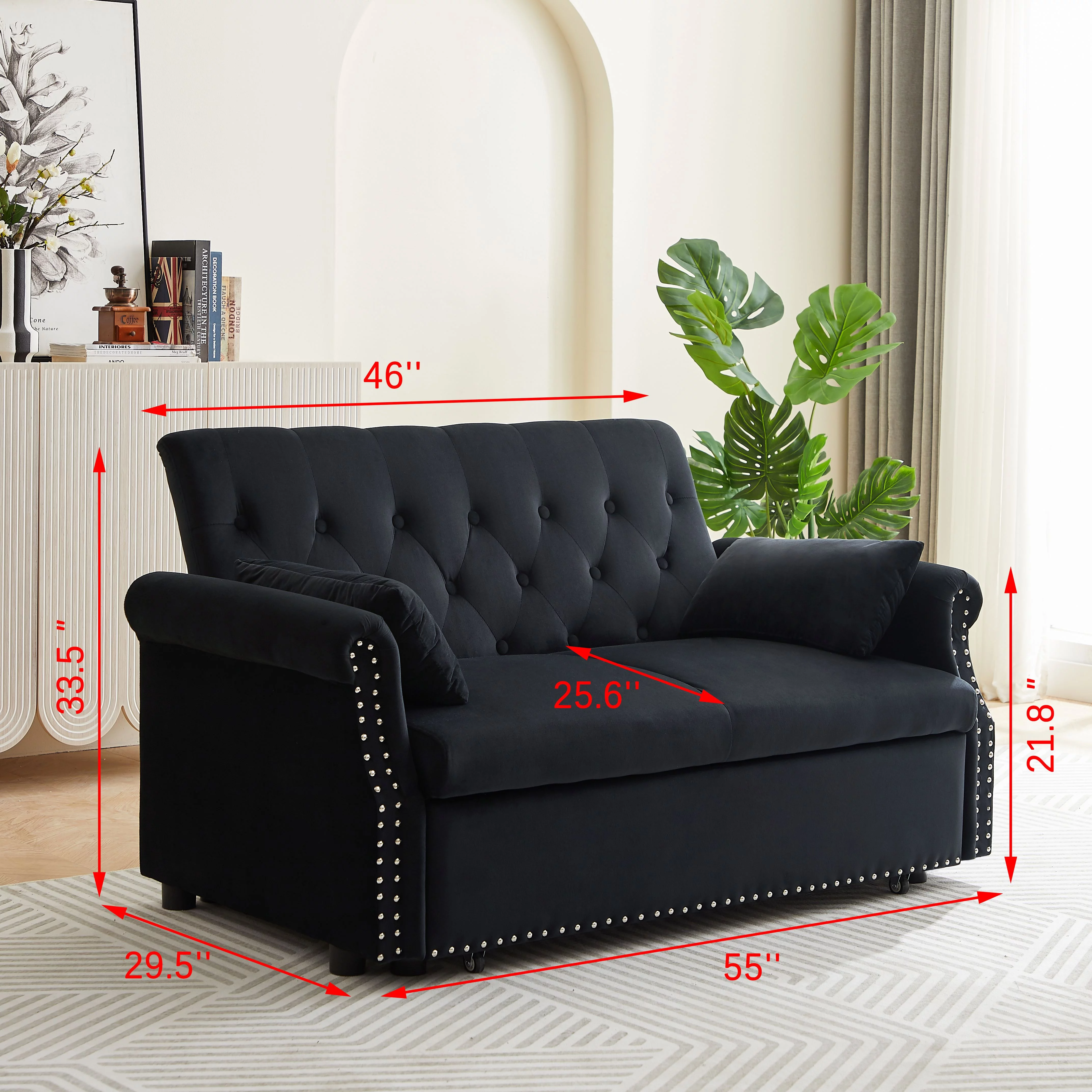 Modern Pull Out Convertible Sleeper Sofa Bed, Velvet Folding Futon Couch Loveseat Recliner with Adjsutable Backrest Pillows for Living Room Bedroom Apartment Office