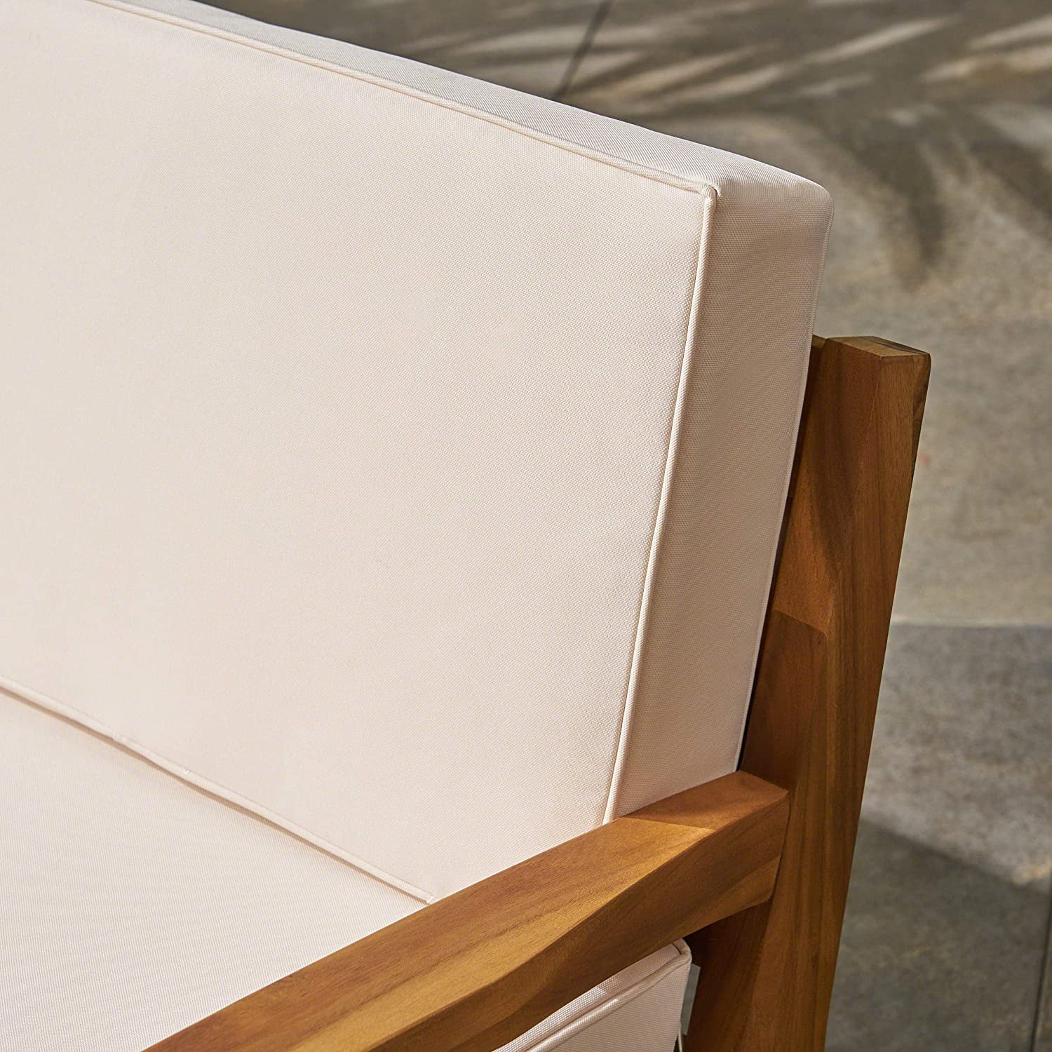 Grenada Sectional Sofa Set | 5-Piece 3-Seater | Includes Coffee Table and Ottoman | Acacia Wood Frame | Water-Resistant Cushions | Teak and Beige  Finish