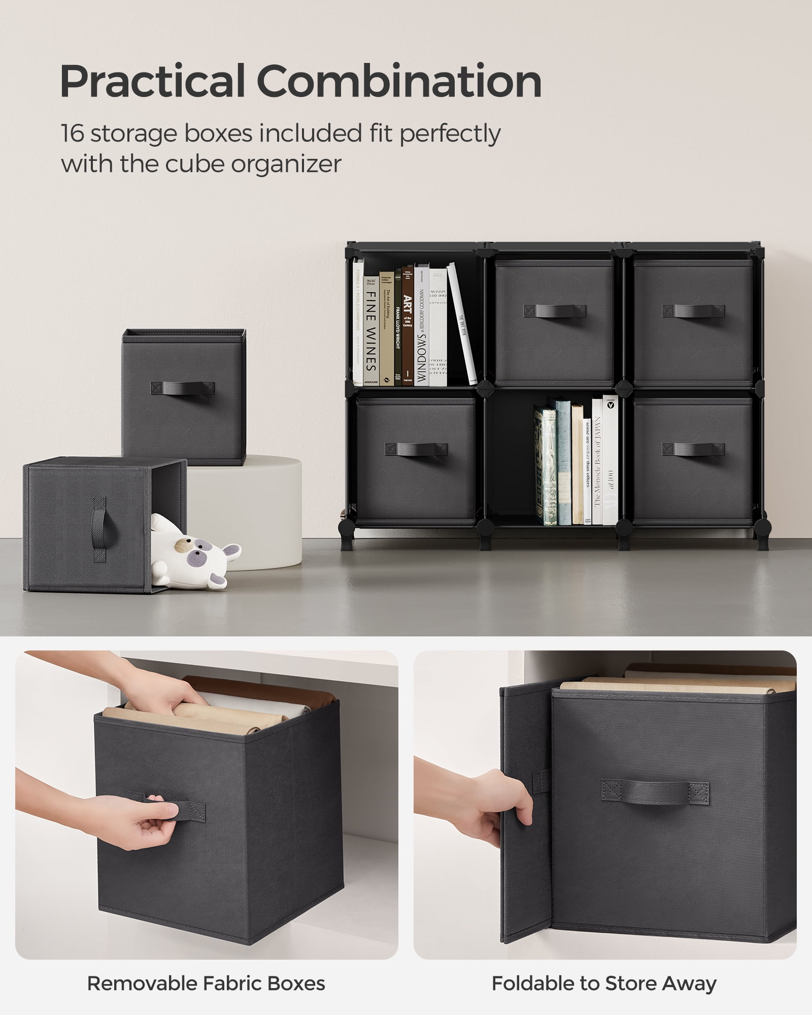 SONGMICS 16 Cube Storage Organizer with Storage Boxes Collapsible Non-Woven Fabric Bins for Bedroom Living Room Ink Black and Dove Gray