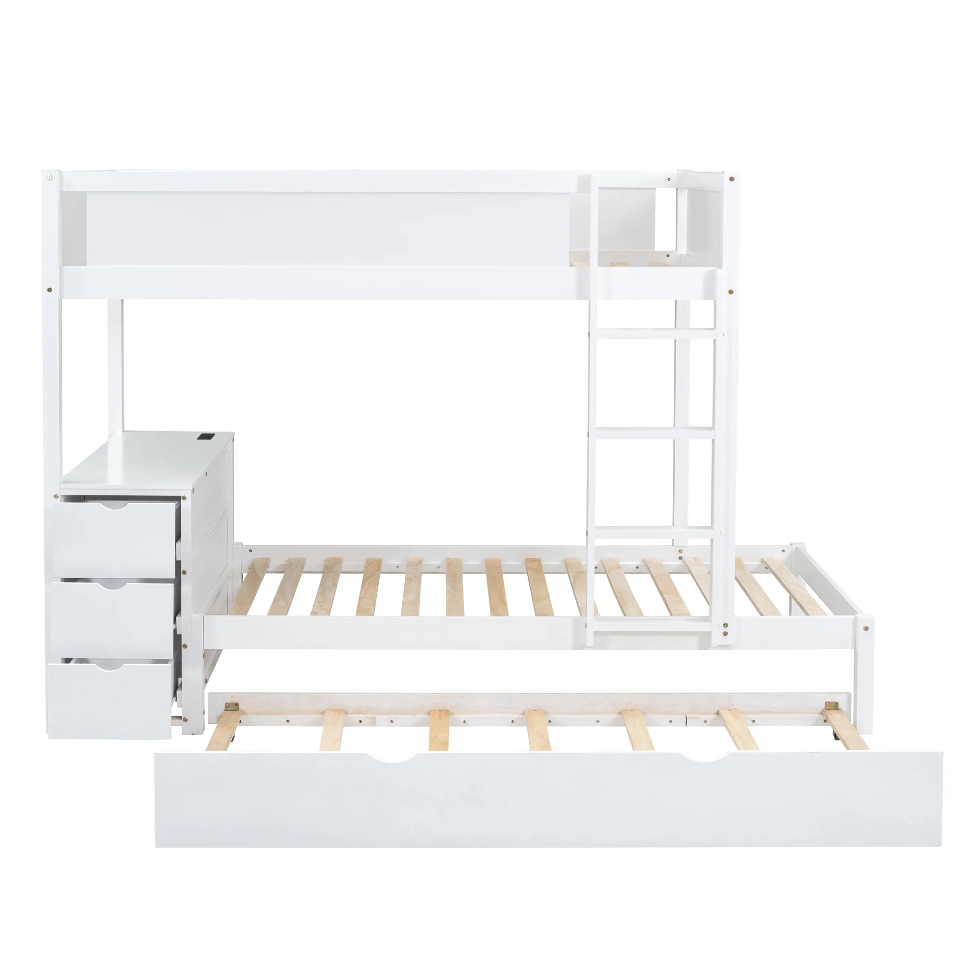Churanty Twin Over Twin Bunk Bed with Trundle and Desk, Solid Wood Bunk Bed Frame with Storage Drawers and shelves for Kids Girls Boys Bedroom,White