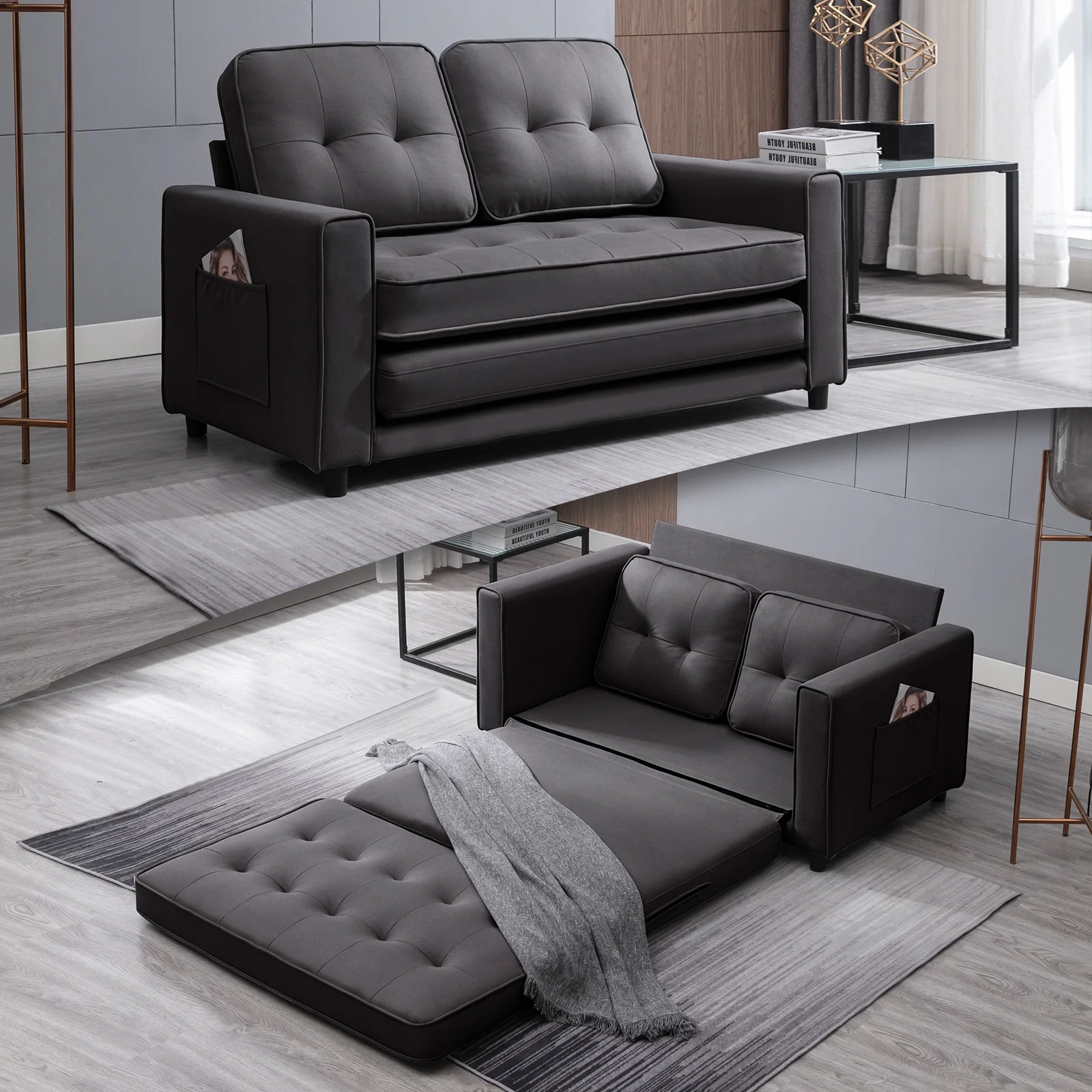 BALUS 3-in-1 Pull Out Sleeper Sofa Bed with Dual Side Pockets, Loveseat Sofa Sleeper, Dark Gray