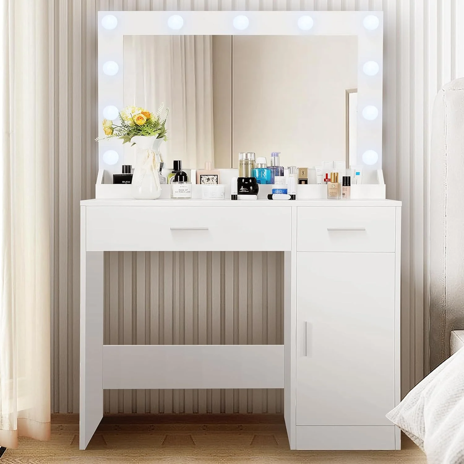 SEJOV Makeup Vanity Table with Light and Mirror, 3-Color Lighted Vanity Desk with 2 Storage Drawers and Door, Modern Bedroom Dressing Vanity, White