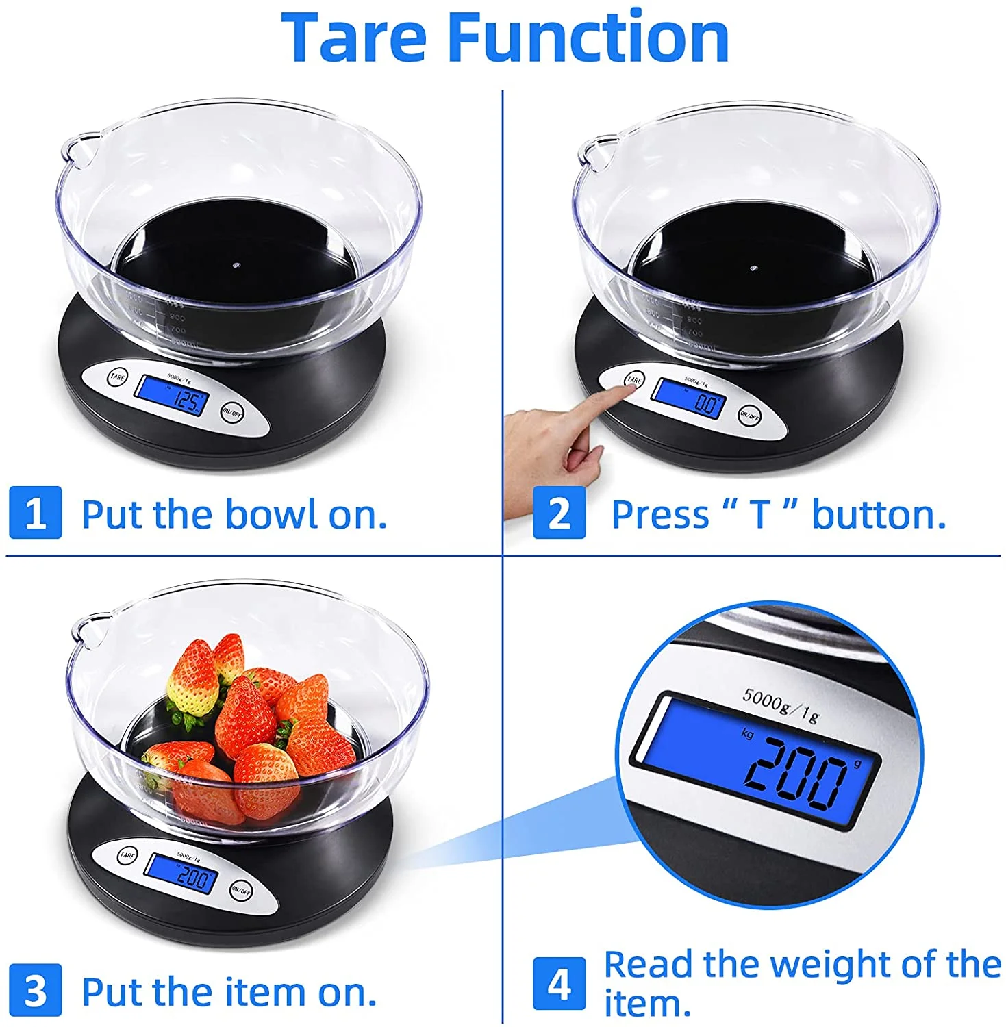 Digital Kitchen Scale, Highly Accurate 5000g/11lb x 0.1oz, Food Scale for Cooking, Baking and Weight Loss, Kitchen Scale with Bowl 2 Modes and Tare Features, Back-lit LCD Display