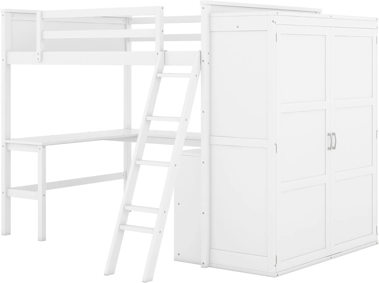 Full Size Loft Bed With Desk, Woode Full Loft Bed Frame With Shelves Ad Wardrobe, White