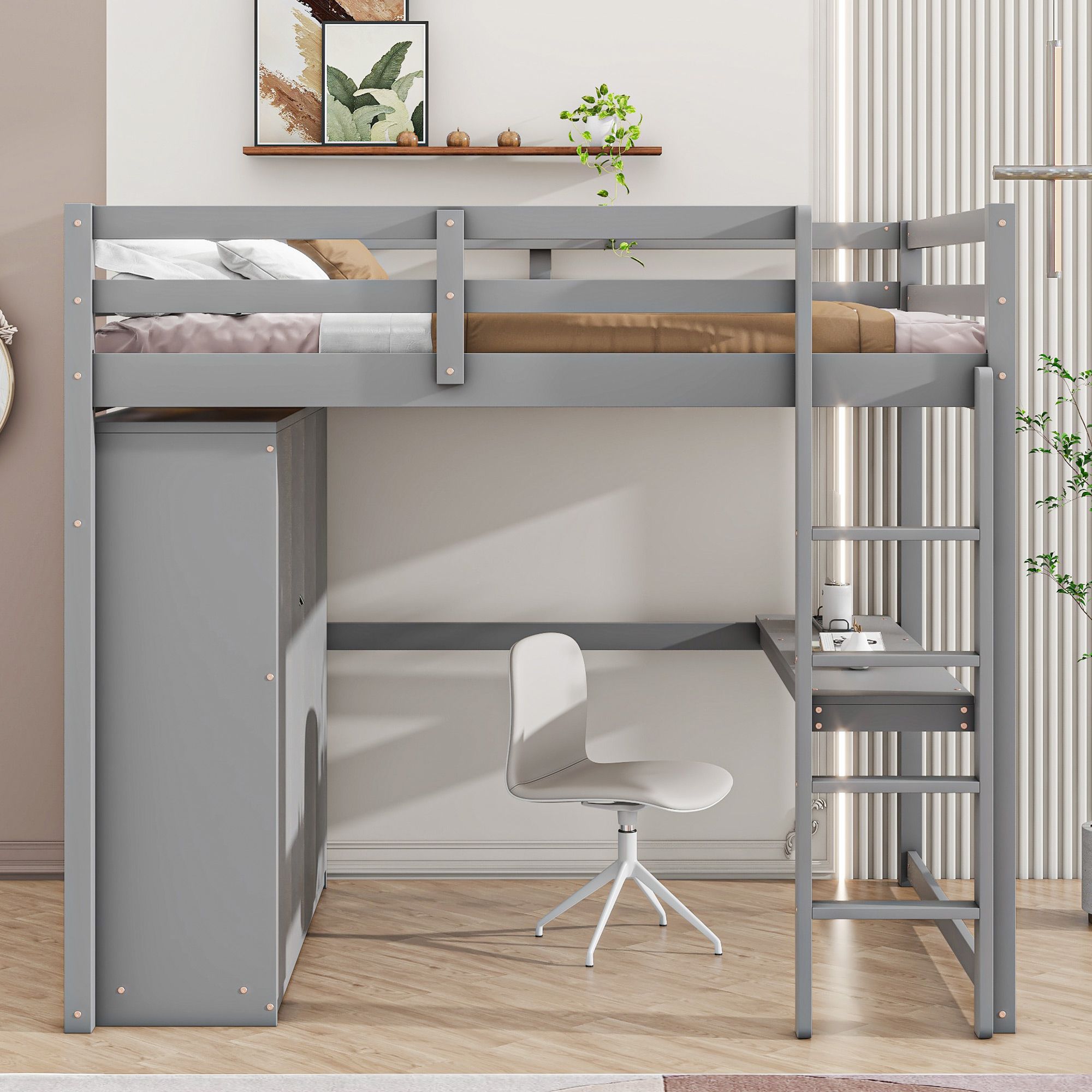 Full Size Loft Bed with Built-in Wardrobe, Desk, Storage Shelves and Drawers, Wooden Loft Beds Frame with Large Space, Wood High Loft Beds with Ladder(Gray, Full)