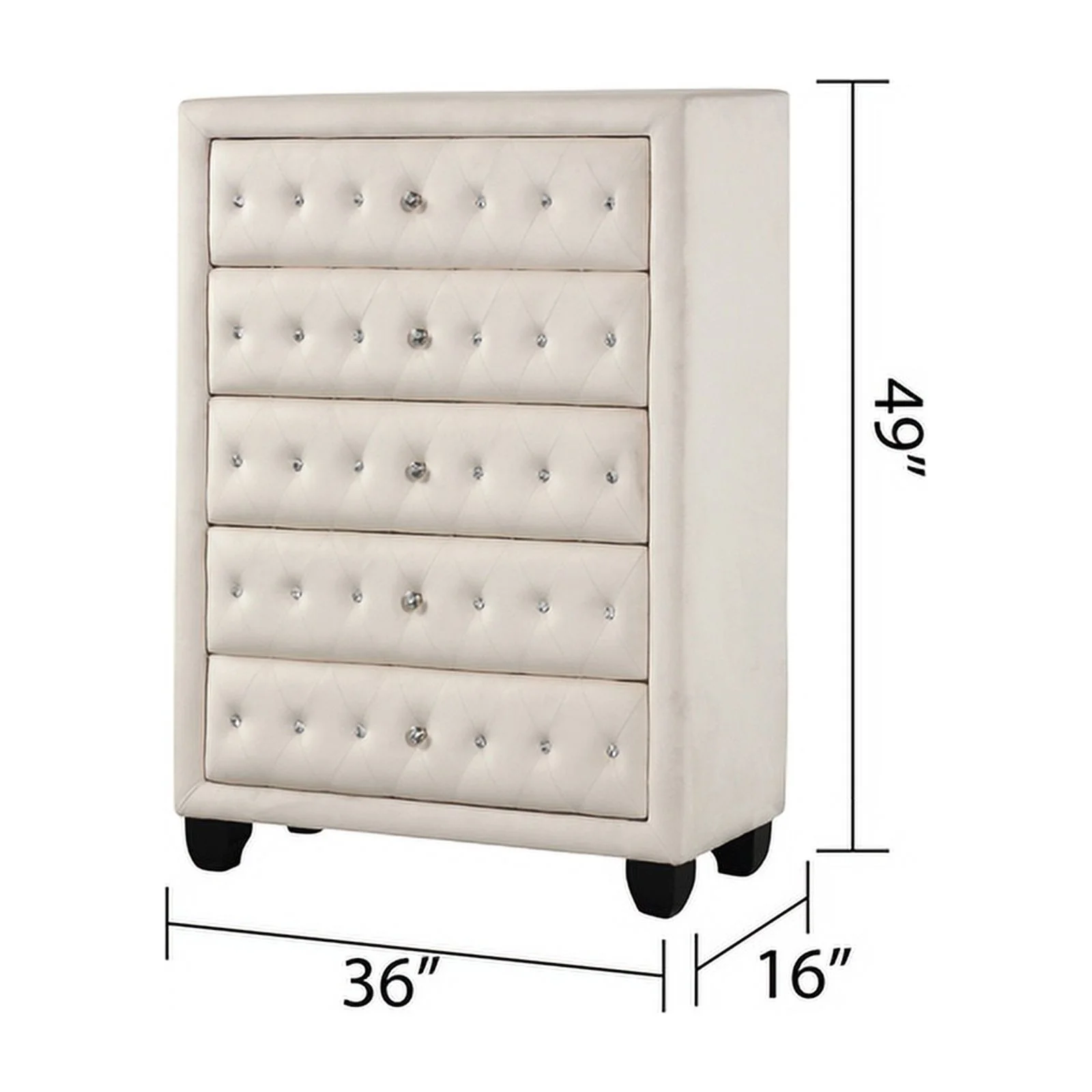 Sophia Crystal Tufted Modern style 5-Drawer Chest made with wood in Cream