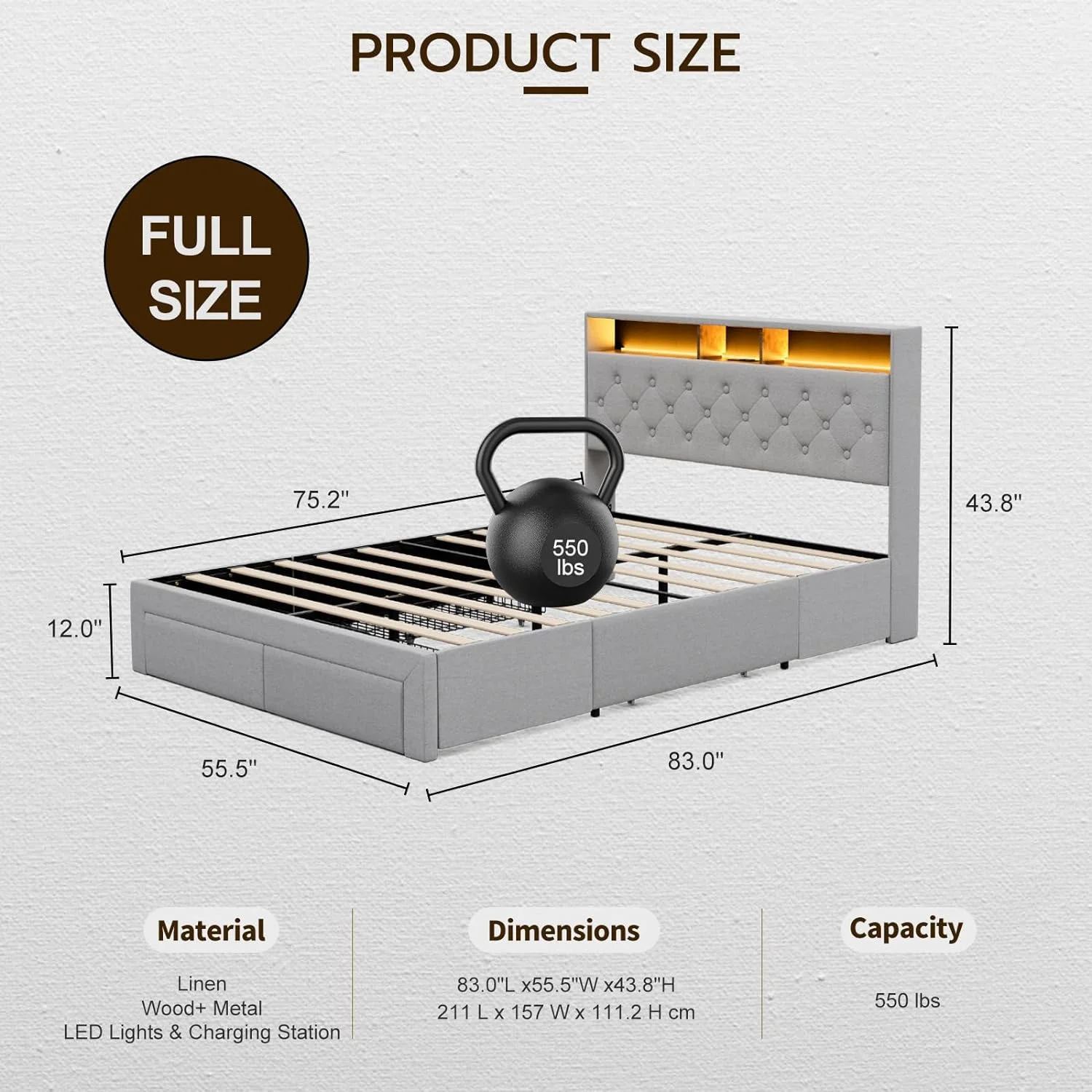 ONKER Full Size Bed Frame with Charging Station & Storage Headboard, Upholstered Linen Button Tufted LED Platform Bed with 4 Drawers, Solid Wood Slats, Noise-Free, No Box Spring Needed - Light Grey