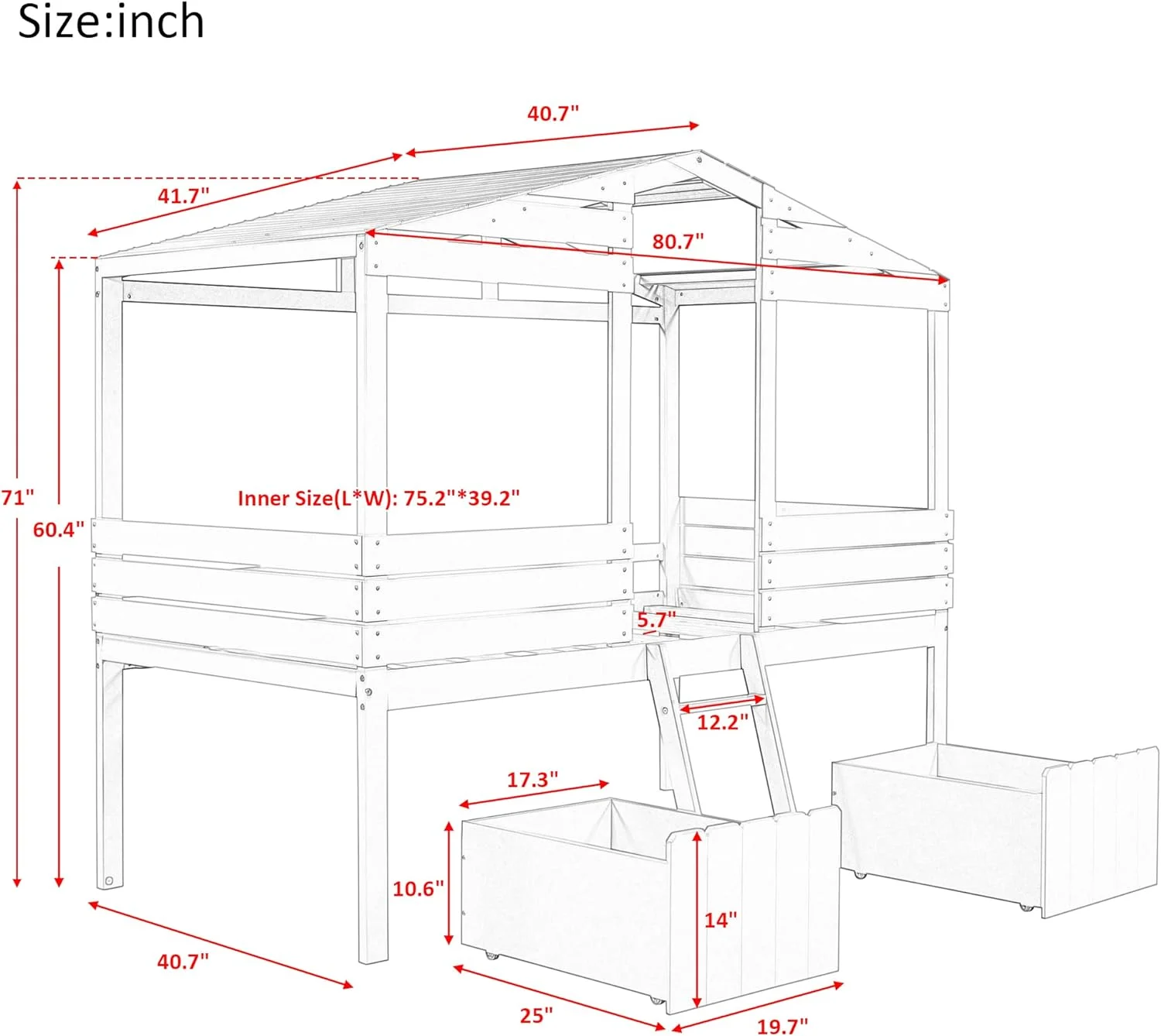 House Loft Bed For Kids,Wood House Loft Bed With Storage Drawers And Ladder, Low Loft Bedframe, Bedroom Furniture For Kids/Boys/Girls (Gray)