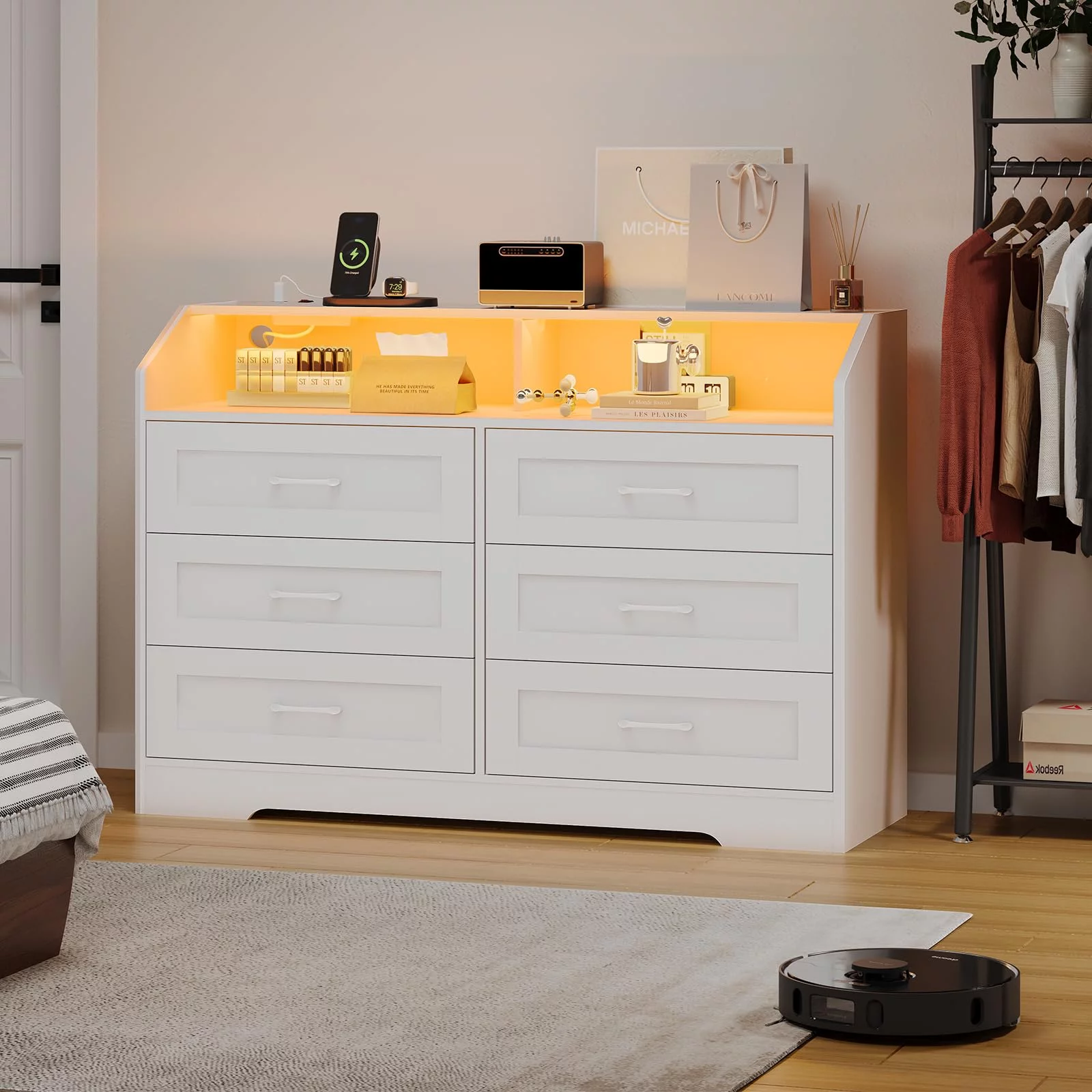 Dresser for Bedroom, 6 Drawer Dresser with LED Lights and Charging Station, White Finish