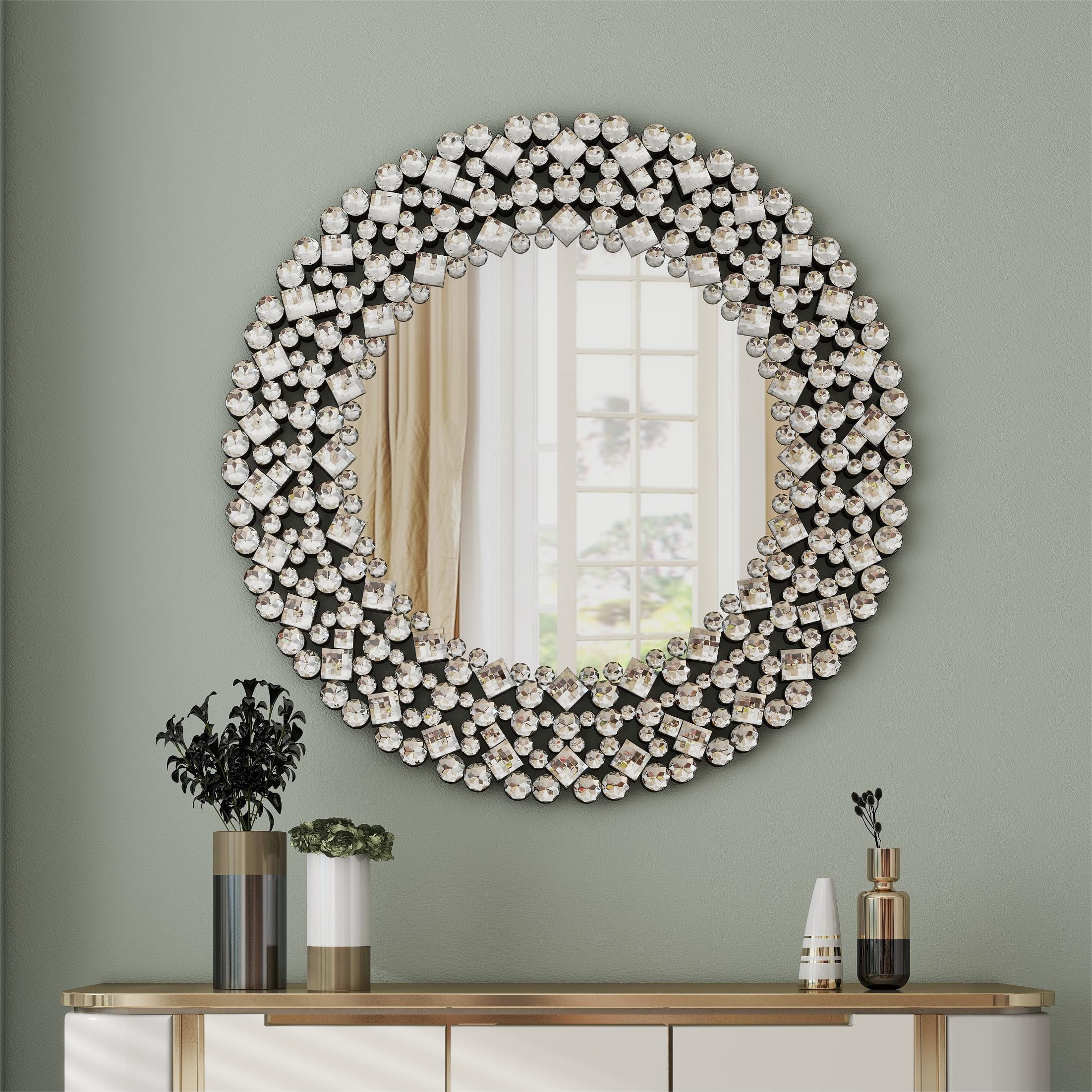 SHYFOY Jeweled Accent Wall Mirror 33.85 Inches Round Sparkly Decorative Mirrors for Wall Decor