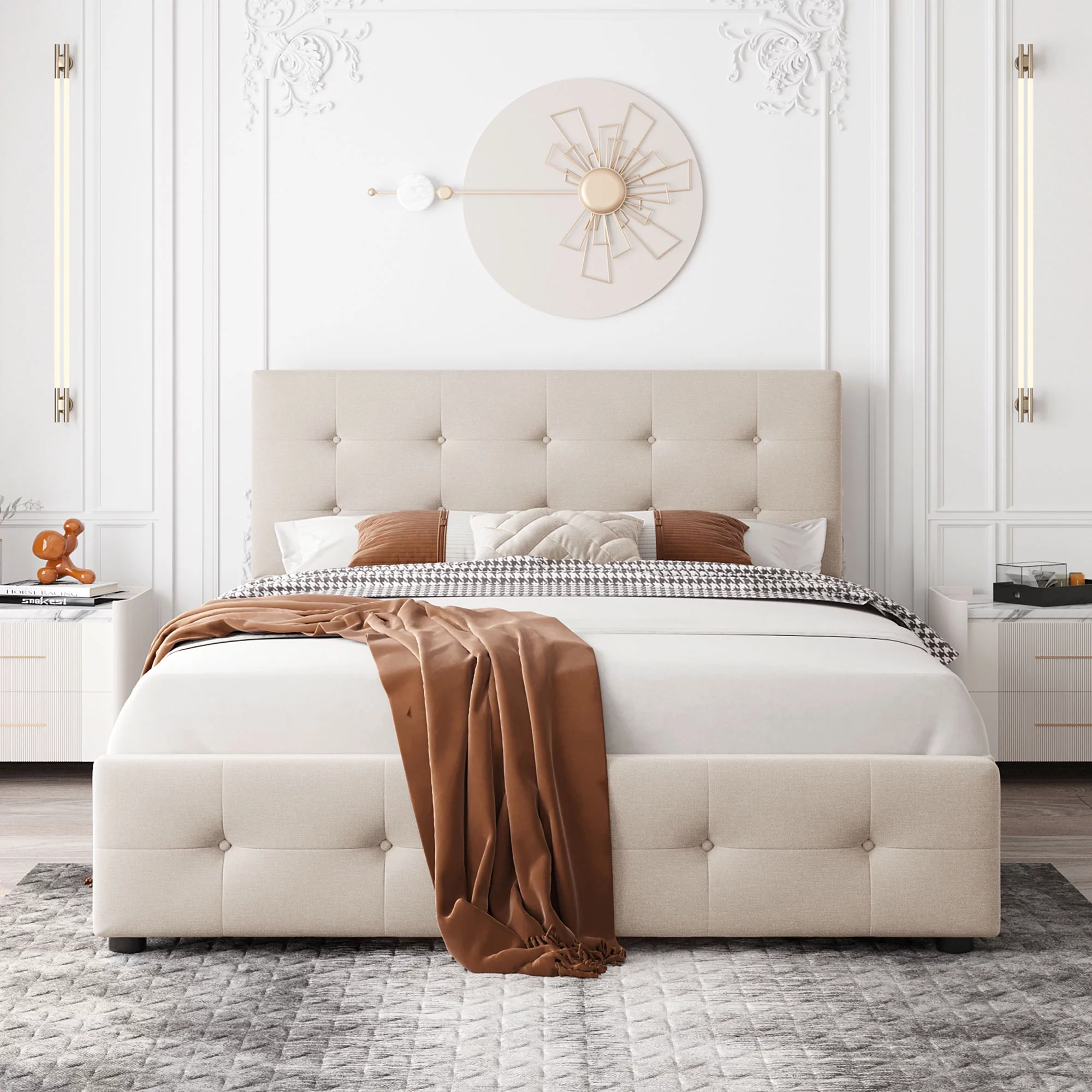 Bellemave Queen Size Upholstered Platform Bed with 4 Drawers, Storage Queen Bed Frame with Classic Headboard,Linen Fabric,Save Space Design,Beige