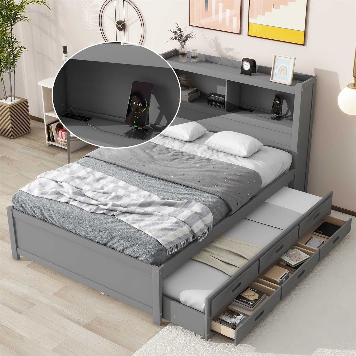 MERAX  Full Size platform bed with trundle, drawers and USB plugs Grey