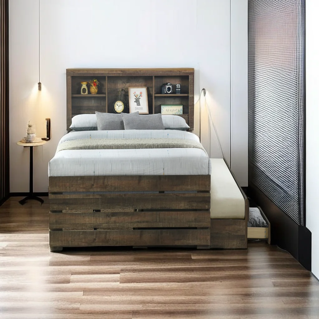 Farmhouse Style Twin Size Captain Platform Bed with Trundle,Wooden Bookcase Bedframe with 3 Spacious Under Bed Drawers in Casual for Bedroom/Guestroom