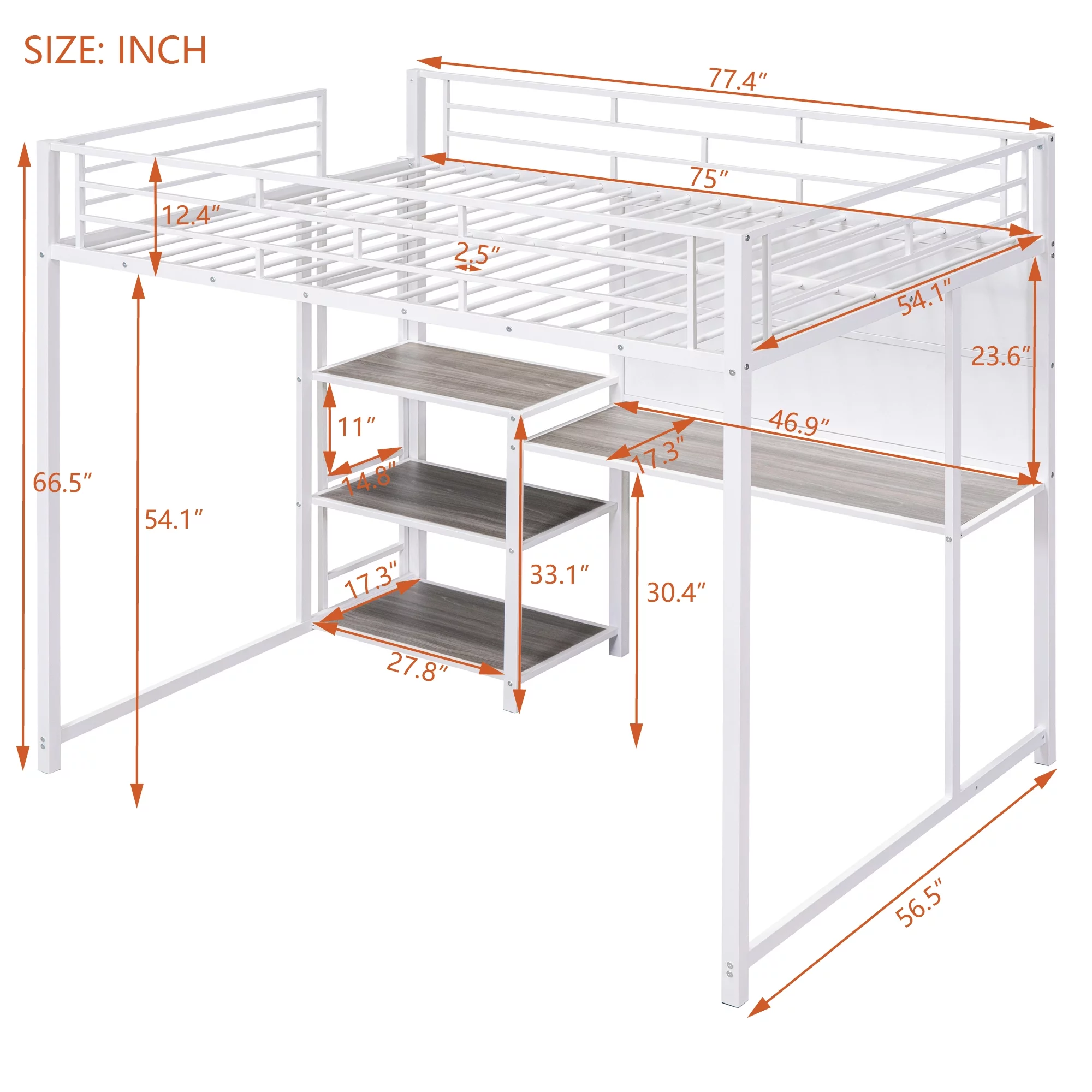 Sesslife Loft Bed for Kids, Full Size Loft Bed Frame with Desk and Whiteboard, Modern Metal Loft Bed with 3 Shelves and Ladder, White