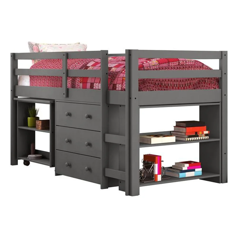 Donco Kids Study & Sleep Twin Dark Grey Low Loft Bed, Twin, Cappuccino,