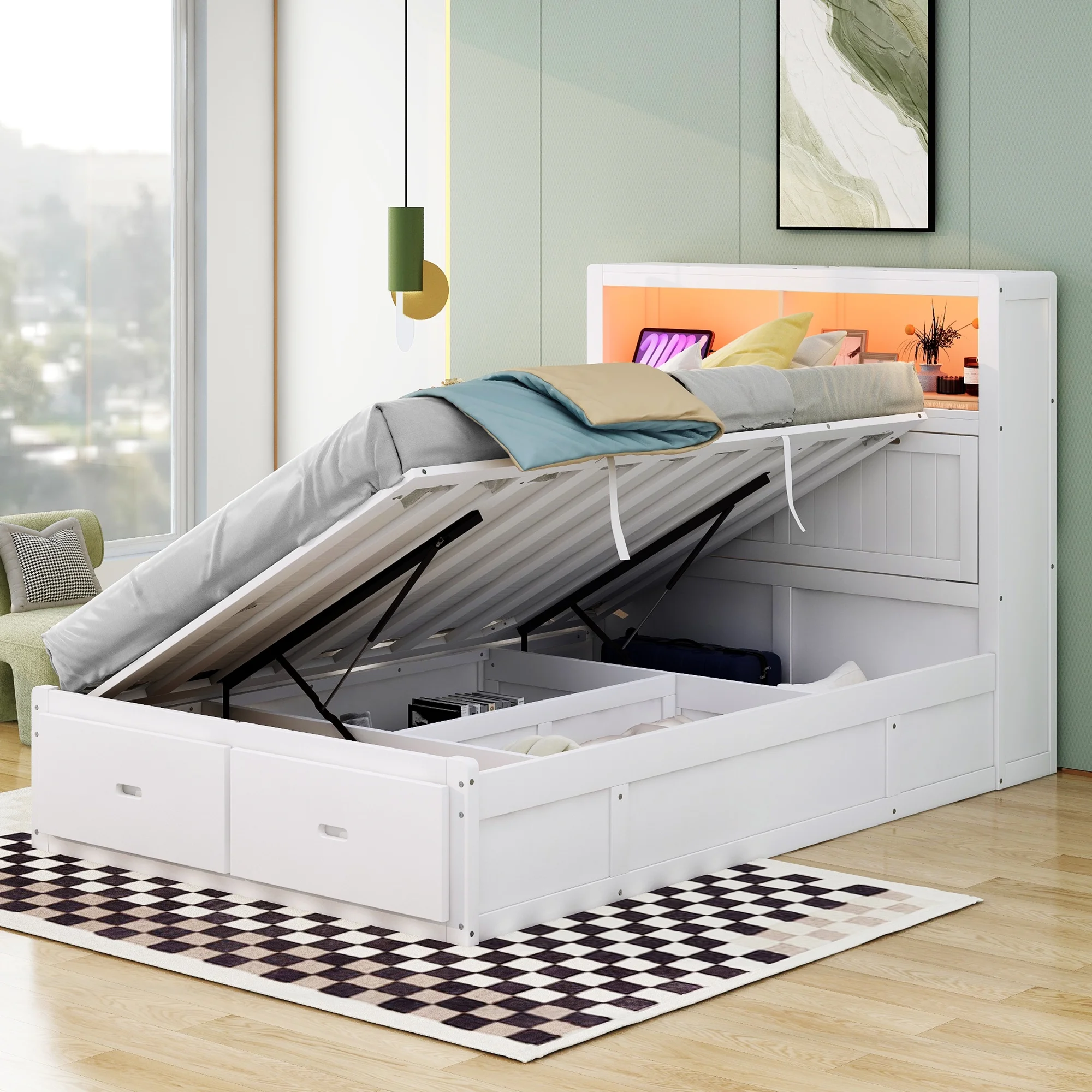 Churanty Full Size Platform Bed with Storage Shelves Headboard, Hydraulic Cabinets and 2 Drawers Underneath, Wood Lift Up Bed Frame with LED Light and Charging Station, Gray