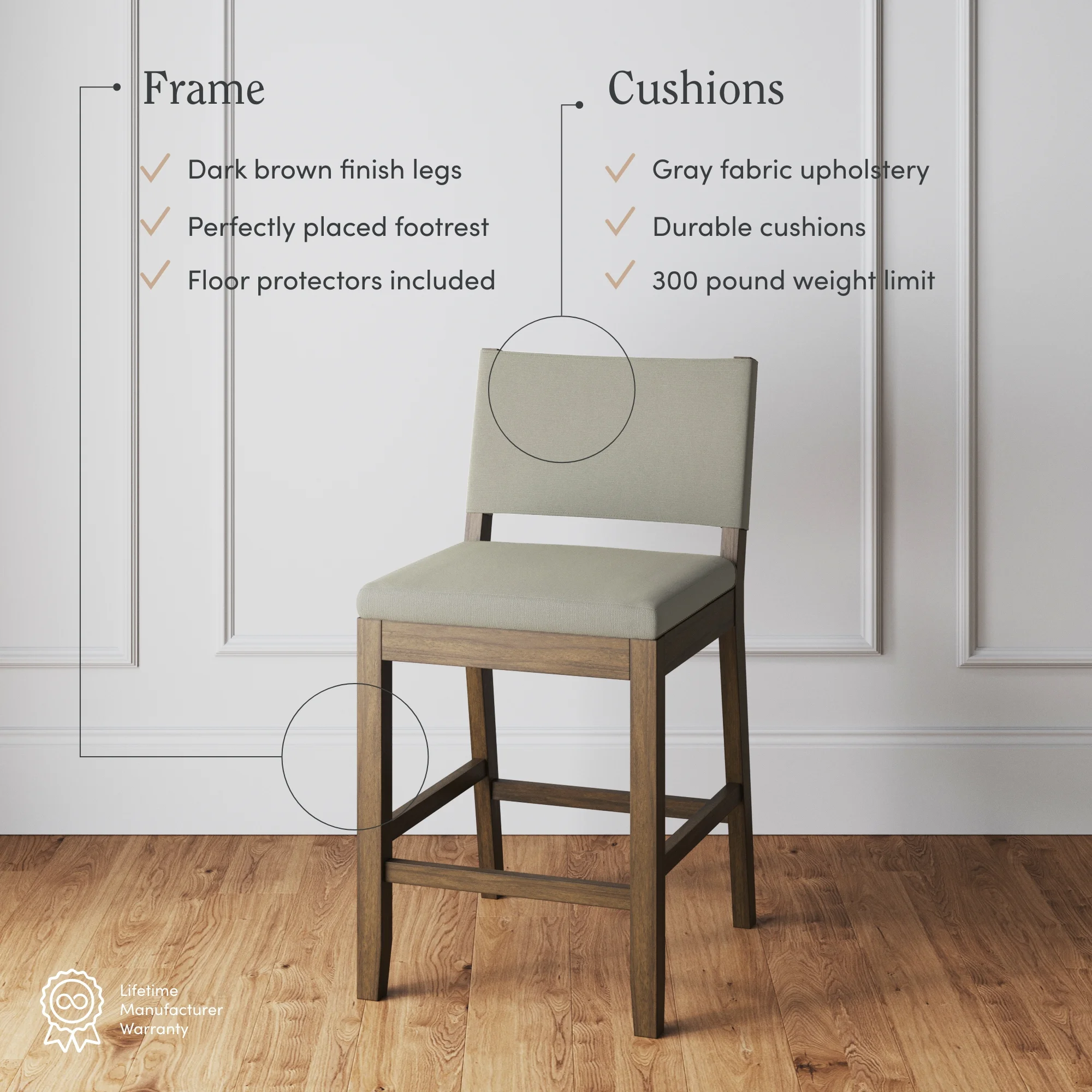 Nathan James Linus Modern Upholstered Counter Height Bar Stool with Back and Solid Rubberwood Legs in a Wire-Brushed BrownFinish, Light Grey/Brown