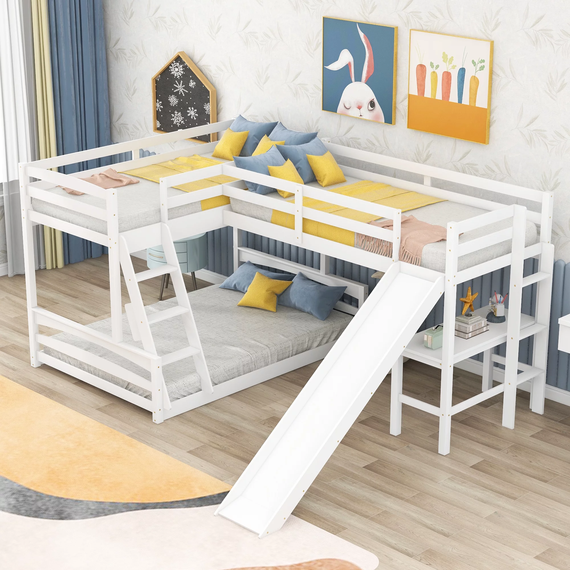 L Shaped Bunk Bed with Desk and Slide, Full-Length Guardrail, Wooden Twin over Full Bunk Corner Bed for Kids Teens Adults, 3 Beds in 1(White)