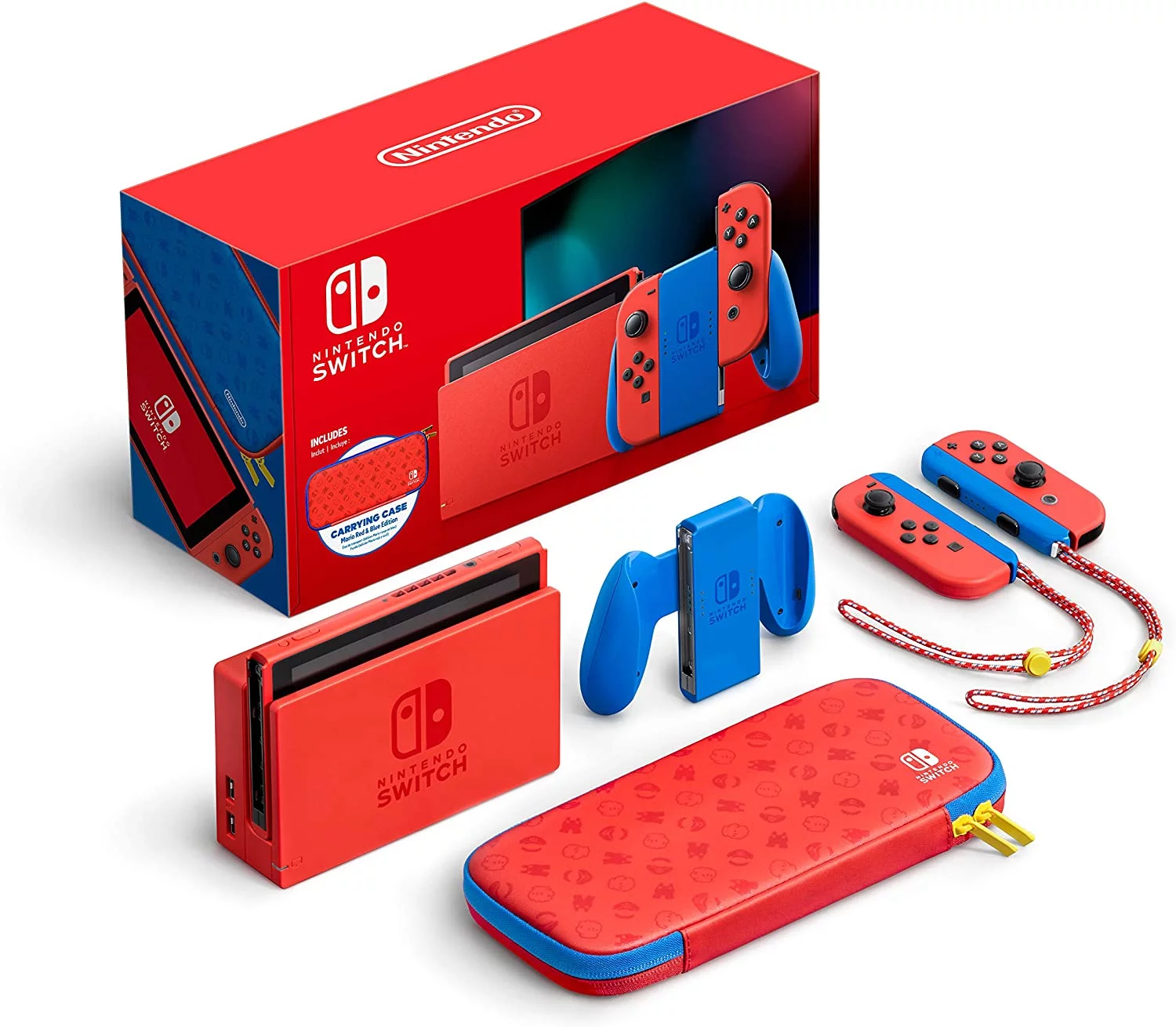 2021 New Nintendo Switch Mario Red & Blue Limited Edition with Mario Iconography Carrying Case and Screen Protector Bundle With Kirby Star Allies And Mytrix Accessories