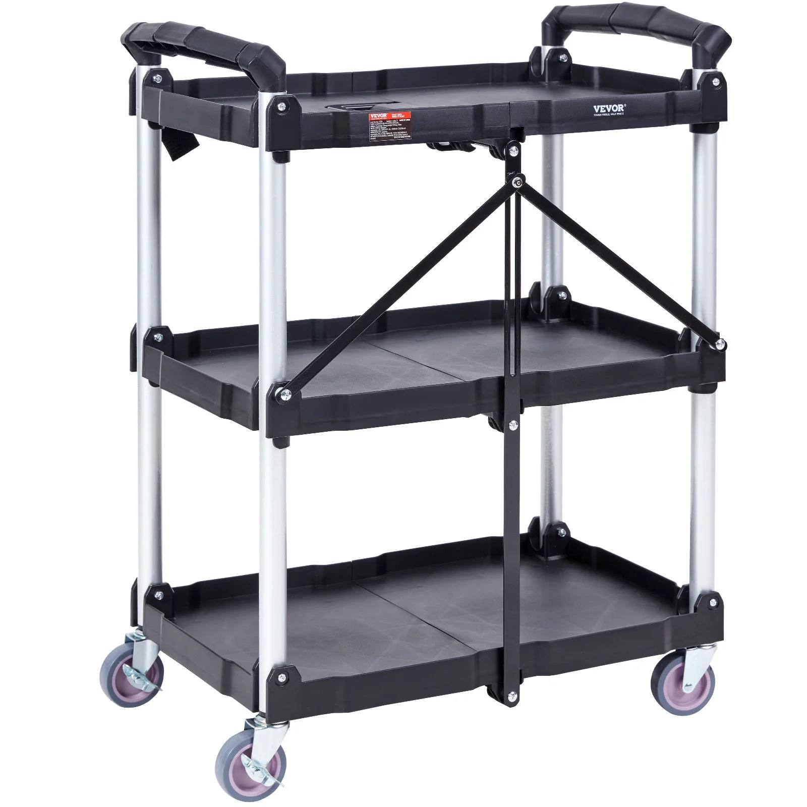EVOR 3-Shelf Rolling Utility Cart - 165LBS Capacity, Foldable, Lockable Wheels, for Warehouse, Office, Home - 25.6x15.4x32.8 inches