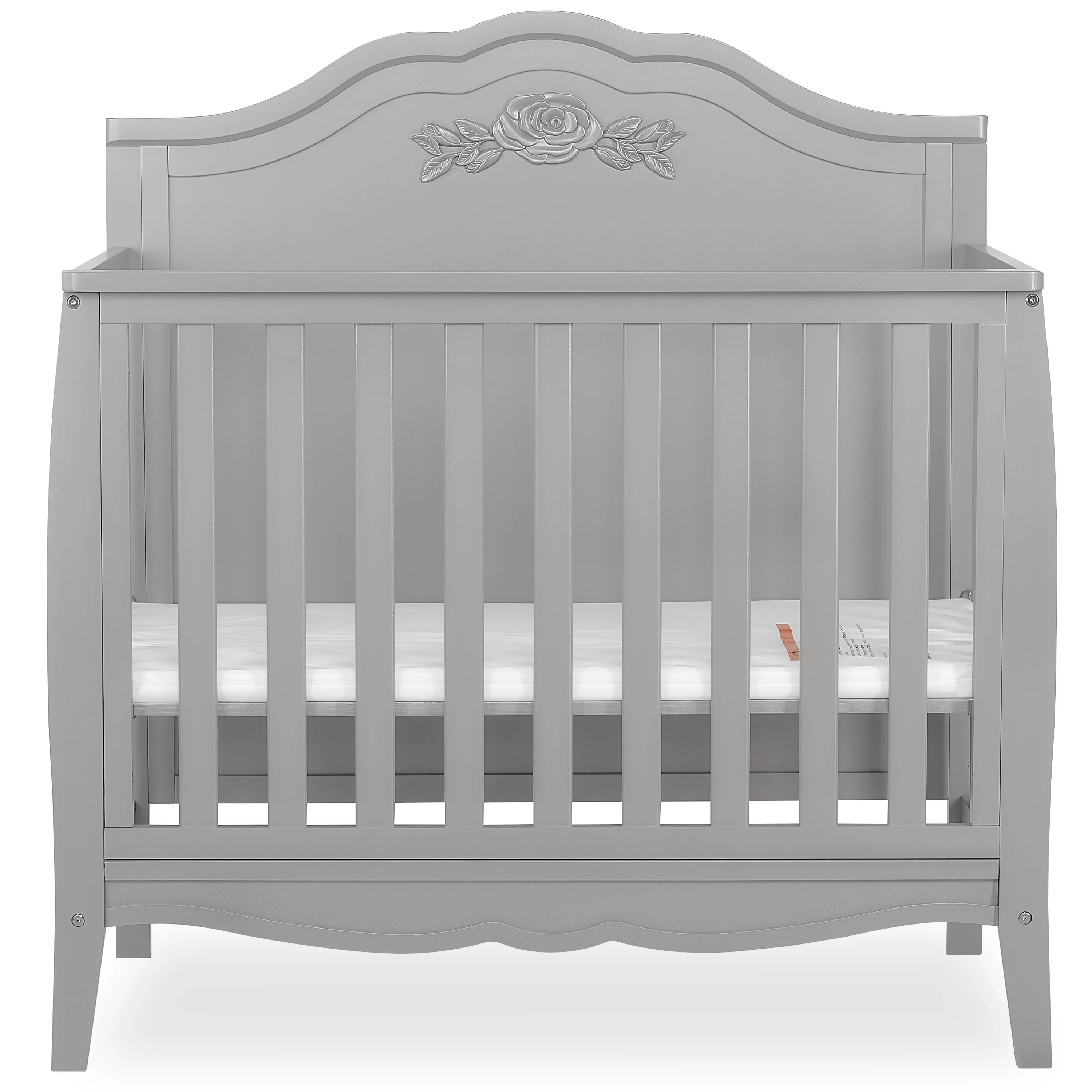SweetPea Baby Rose 4-in-1 Convertible Mini Crib in Platinum, JPMA Certified Baby Crib, Non-Toxic Finish, New Zealand Pinewood, with 3 Mattress Height Settings Crib Platinum