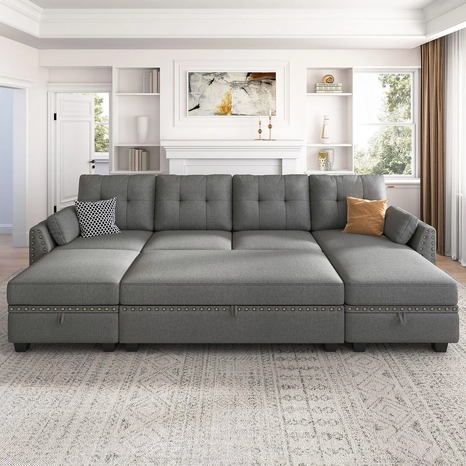 HONBAY Convertible Modern Reversible Sleeper Sectional Sofa Sets with Storage for Living Room and Apartment, Grey
