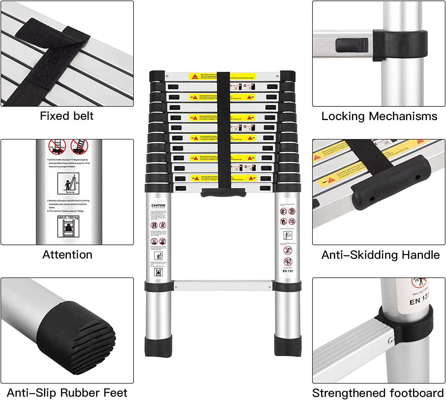 OUWI Telescoping Ladders, 12.5 FT Aluminum Lightweight Extension Ladders for RV, Attics, Families, Outdoor Work, with a Maximum Bearing Capacity of 330lbs