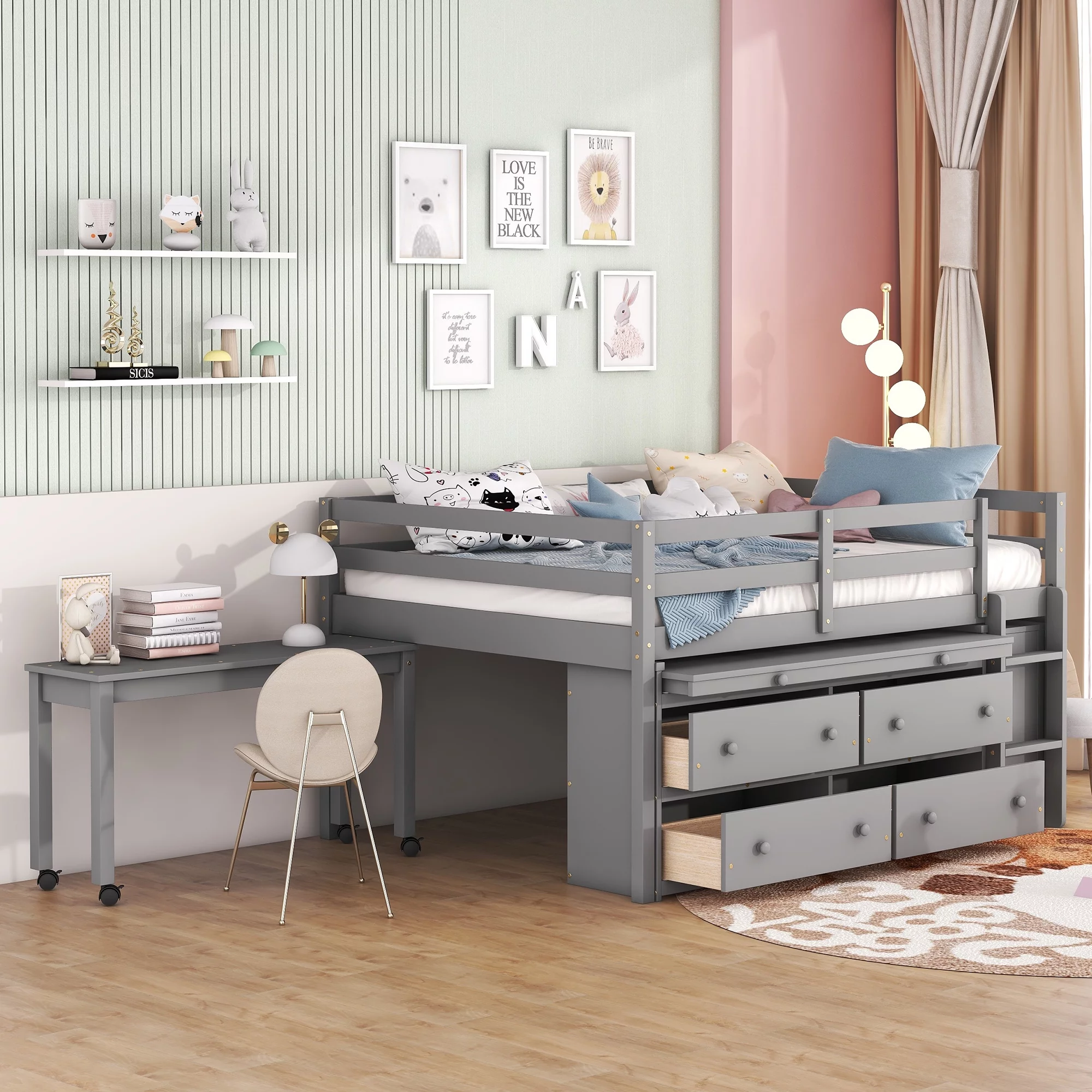 CoSoTower Full Size Loft Bed with Retractable Writing Desk and 4 Drawers, Wooden Loft Bed with Lateral Portable Desk and Shelves, Gray