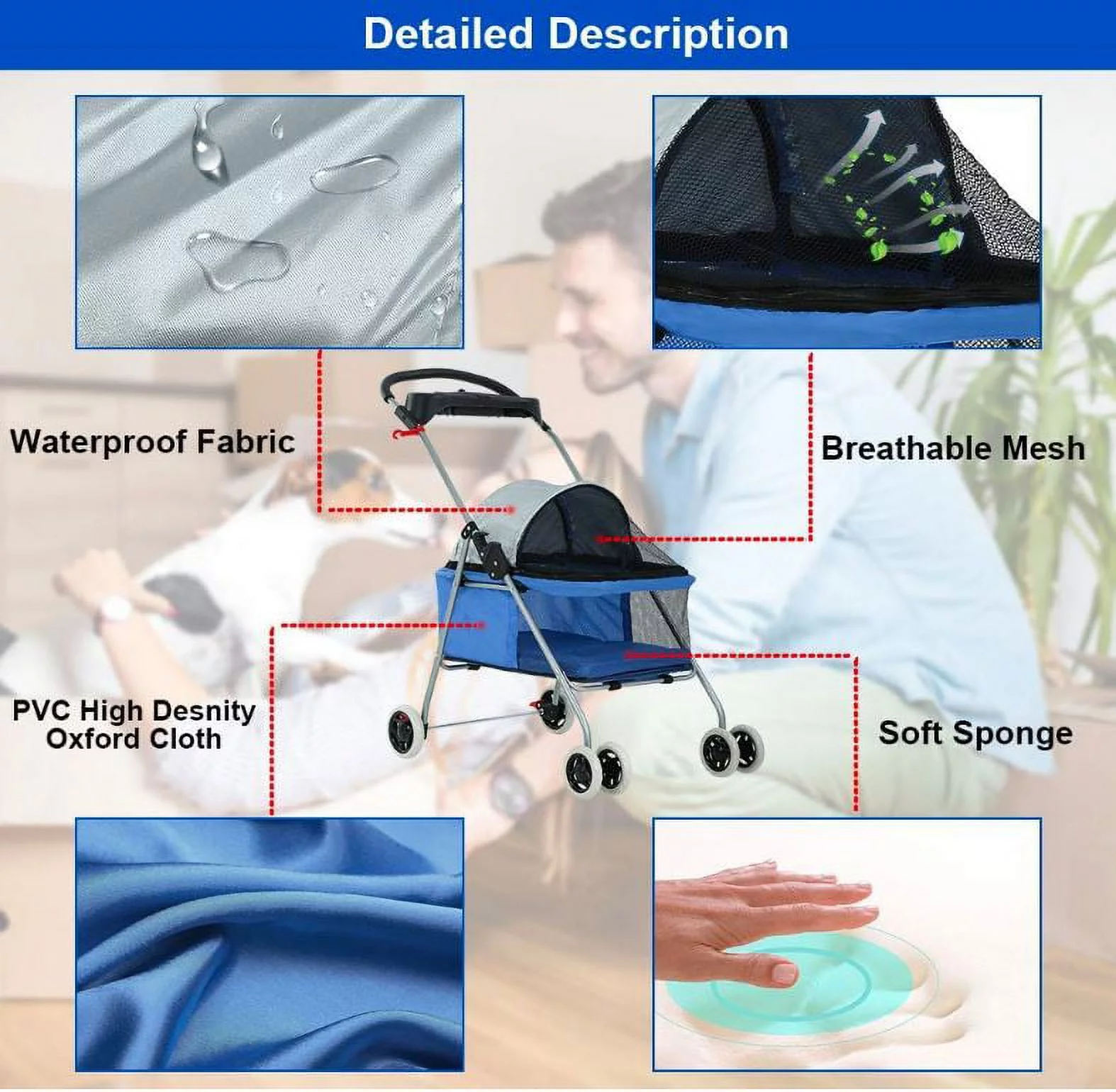 BestPet Blue Skin 4 Wheels Posh Pet Stroller with Cup Holder