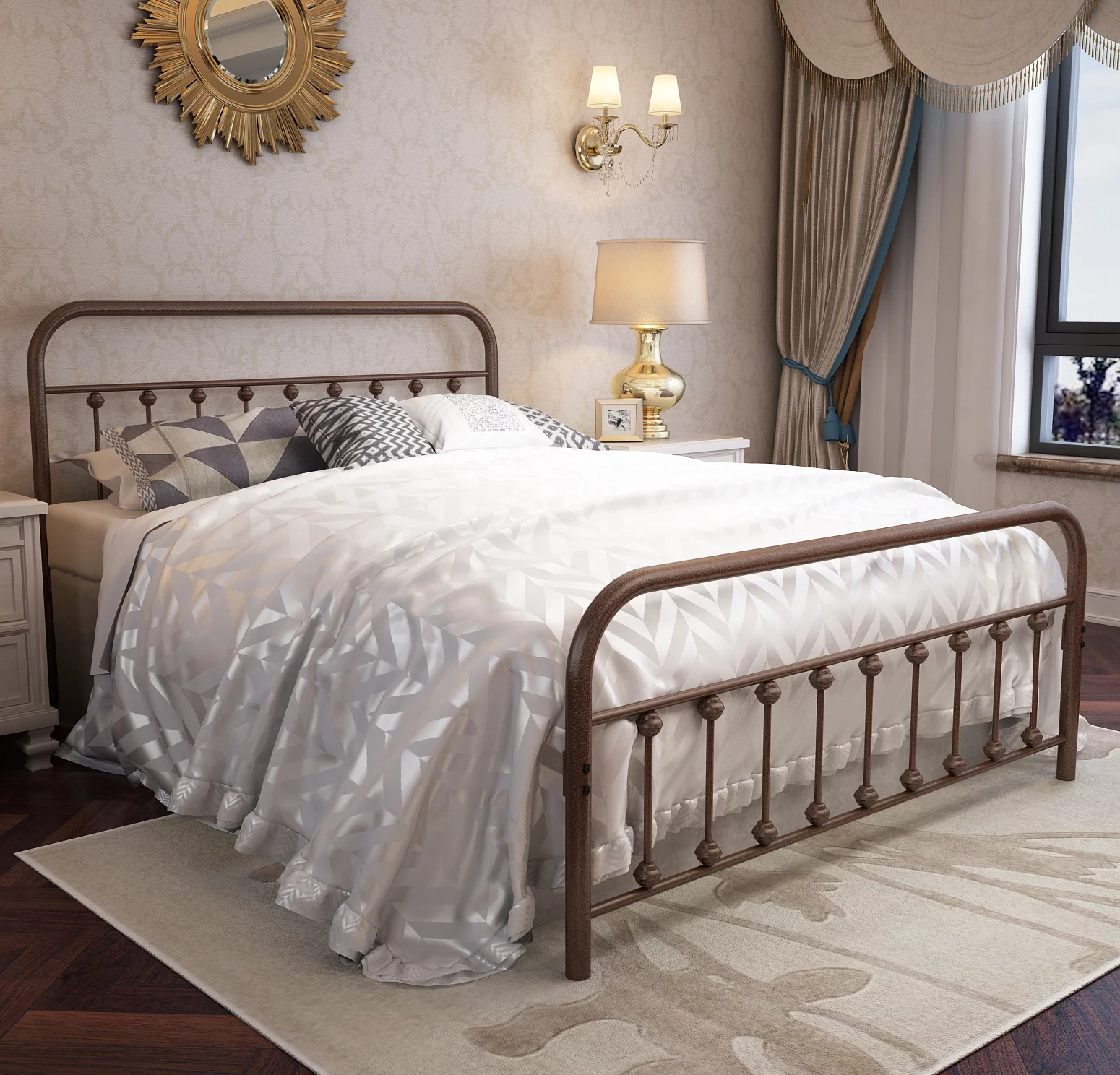 Vintage Sturdy Queen Size Metal Bed Frame with Headboard and Footboard Basic Bed Frame No Box Spring Needed，Antique Brown.