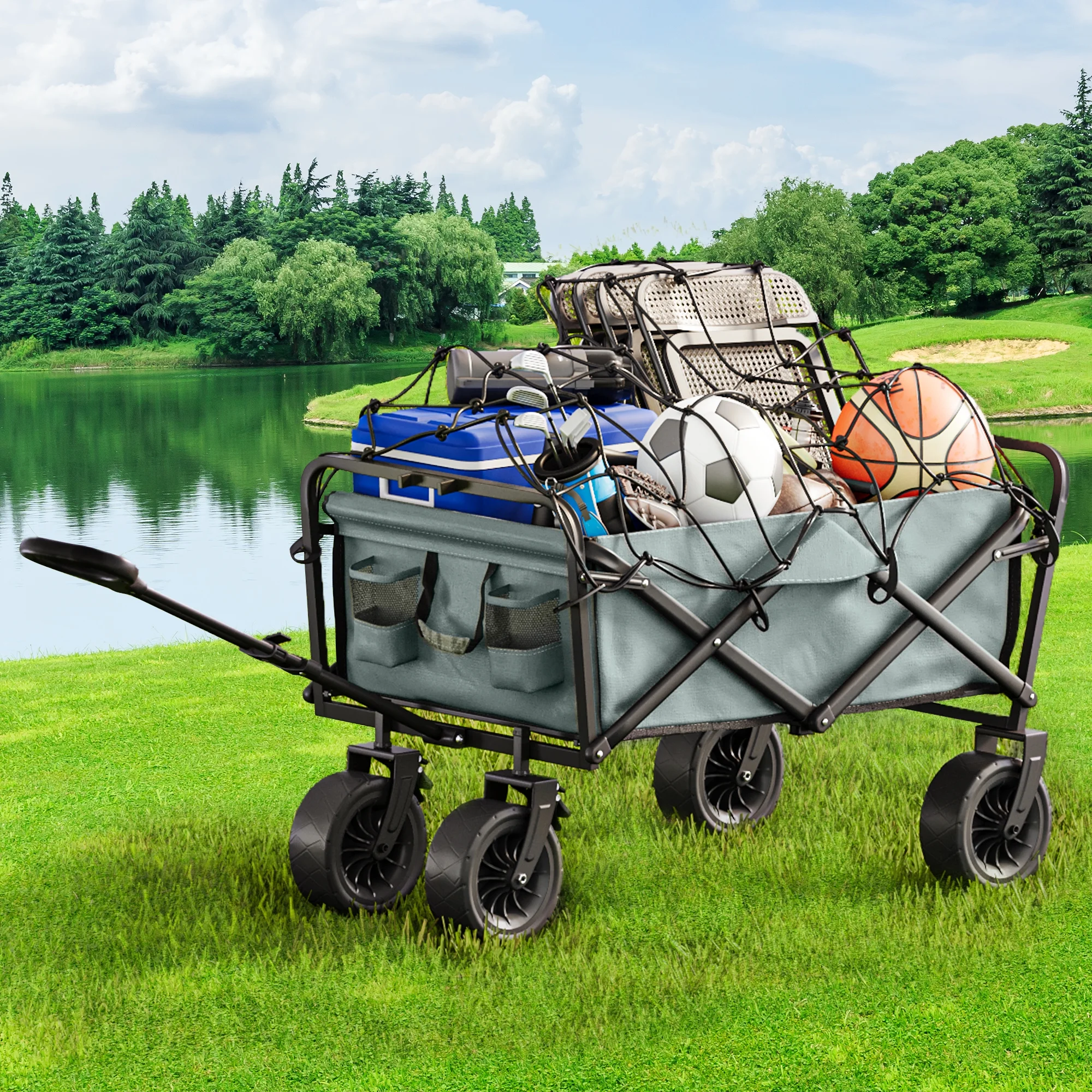 Dextrus Utility Folding Wagon Camping Park Wagon Cart Portable Collapsible Garden Cart with Roll Table Plate, 2 Drink Holders, Side Storage Pocket, for Sports, Outdoor, Garden, Fishing, Gray