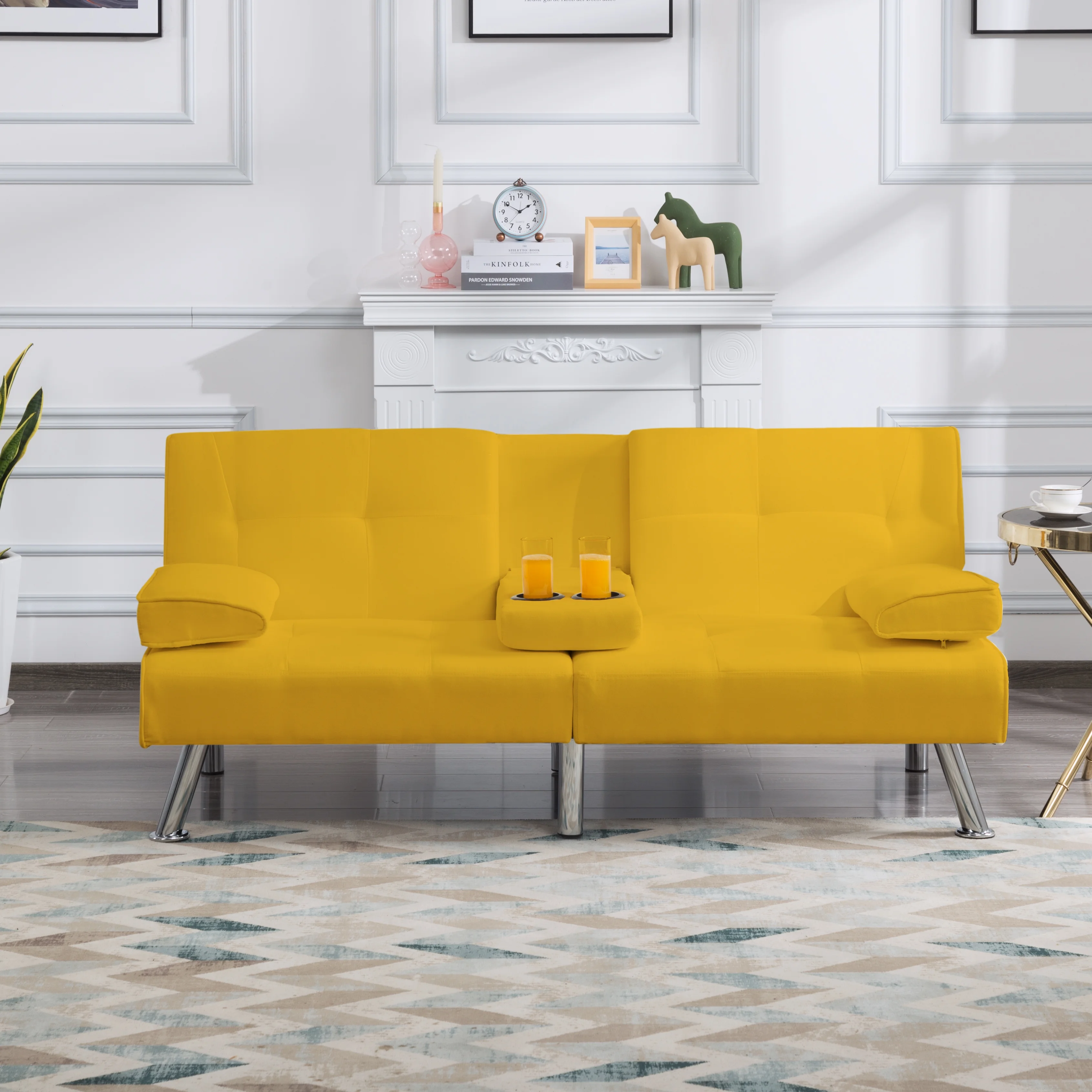 BSHTI 66.9 inch Futon Velvet Sleeper Sofa Bed and Drop Down Middle Back with 2 Cup Holders(Yellow)