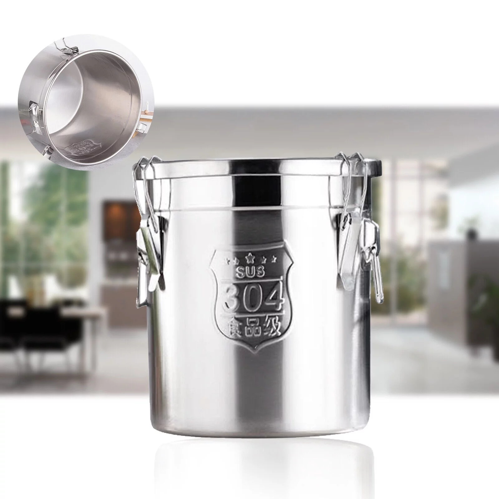 Silver 6L Household Stainless Food Barrel Bucket Dry Food Storage Container with Lid