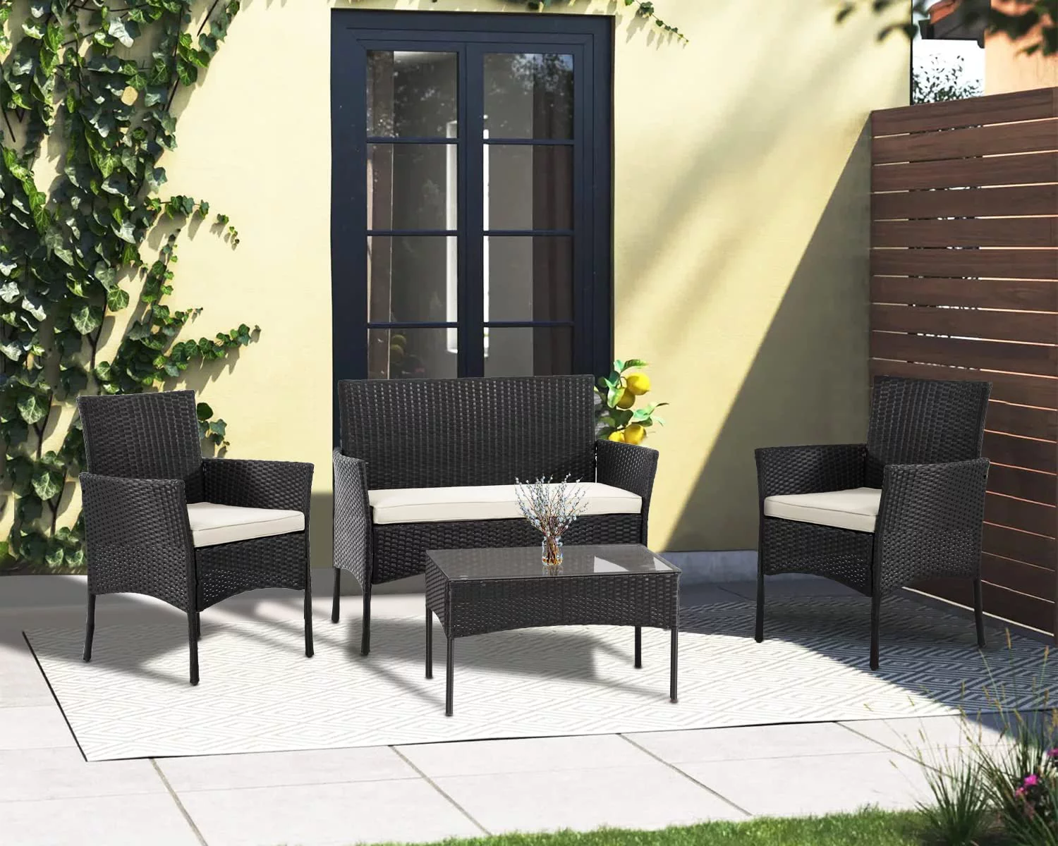 FDW 4-Piece Patio Furniture Set Wicker Patio Set 2 Outdoor Rattan Chair 1 Wicker Sofa 1 Coffee Table with Transparent Tempered Glass Tabletop,Black and Beige