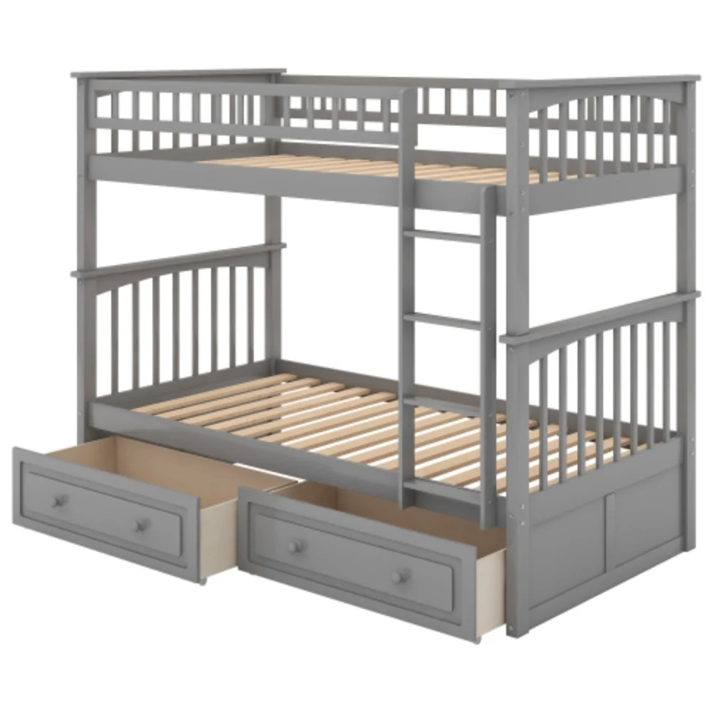 Twin over Twin Bunk Bed with Drawers, Convertible Beds, Gray  Gray + Pine
