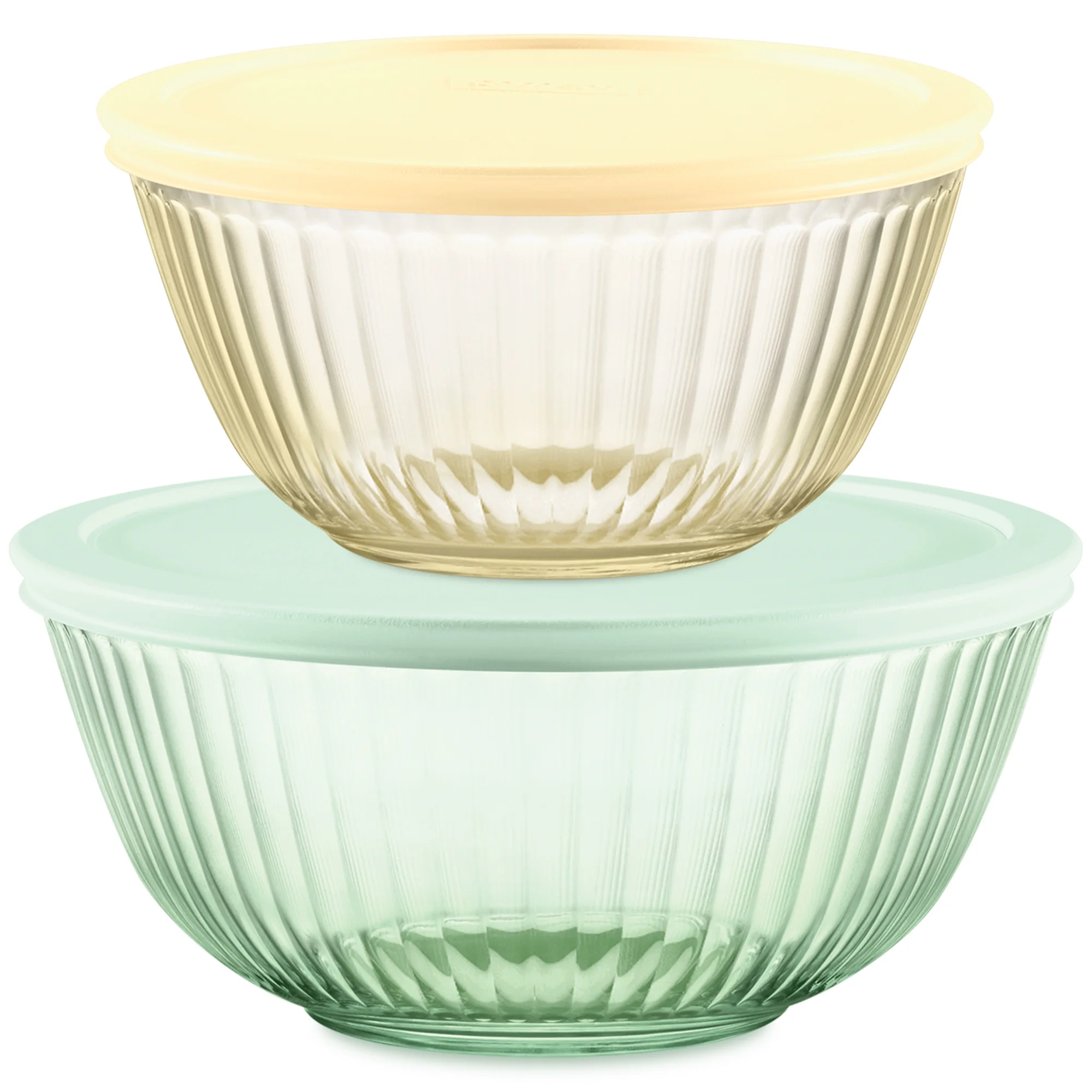 Pyrex Sculpted Tinted 4-Piece Glass Mixing Bowl Set with Airtight Plastic Lids, 1.3qt Amber/2.3qt Green