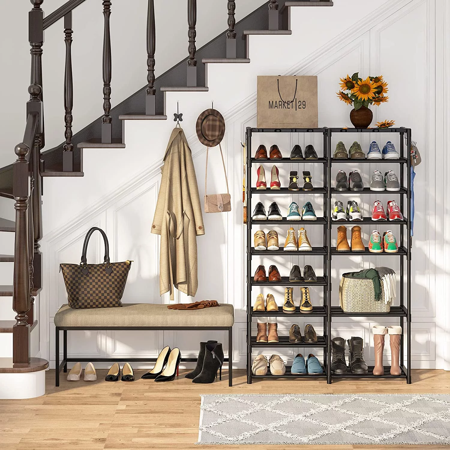 Tribesigns Shoe Rack Organizer, 32-40 Pairs Shoe Storage Shelf, 9 Tiers Shoe Stand, ShoeRack with 2 Hooks for Closet，Black