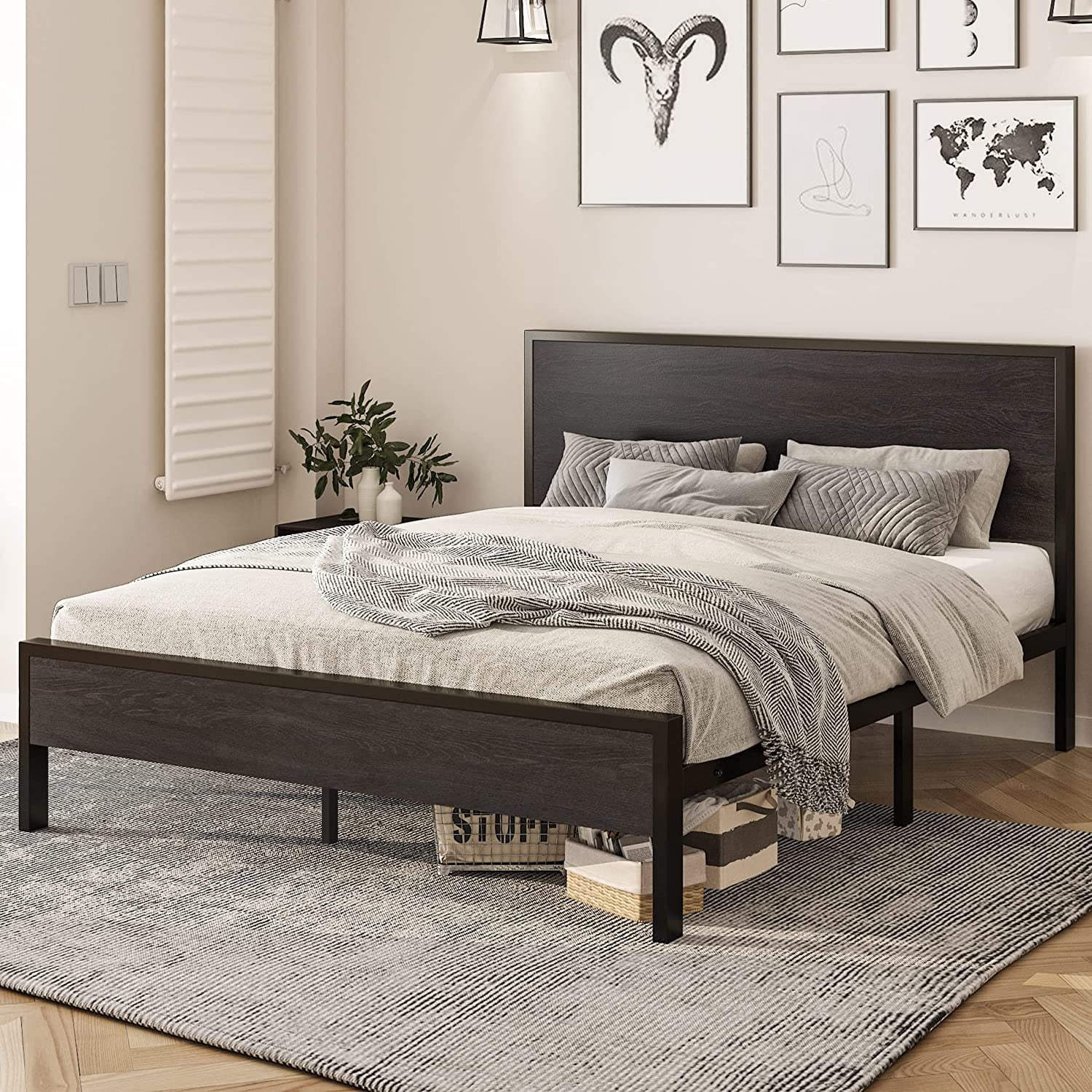Full Size Platform Bed Frame with Wood headboard and Footboard  Heavy Duty 13 Metal Slats  no Box Spring Needed  Noise Free  Black
