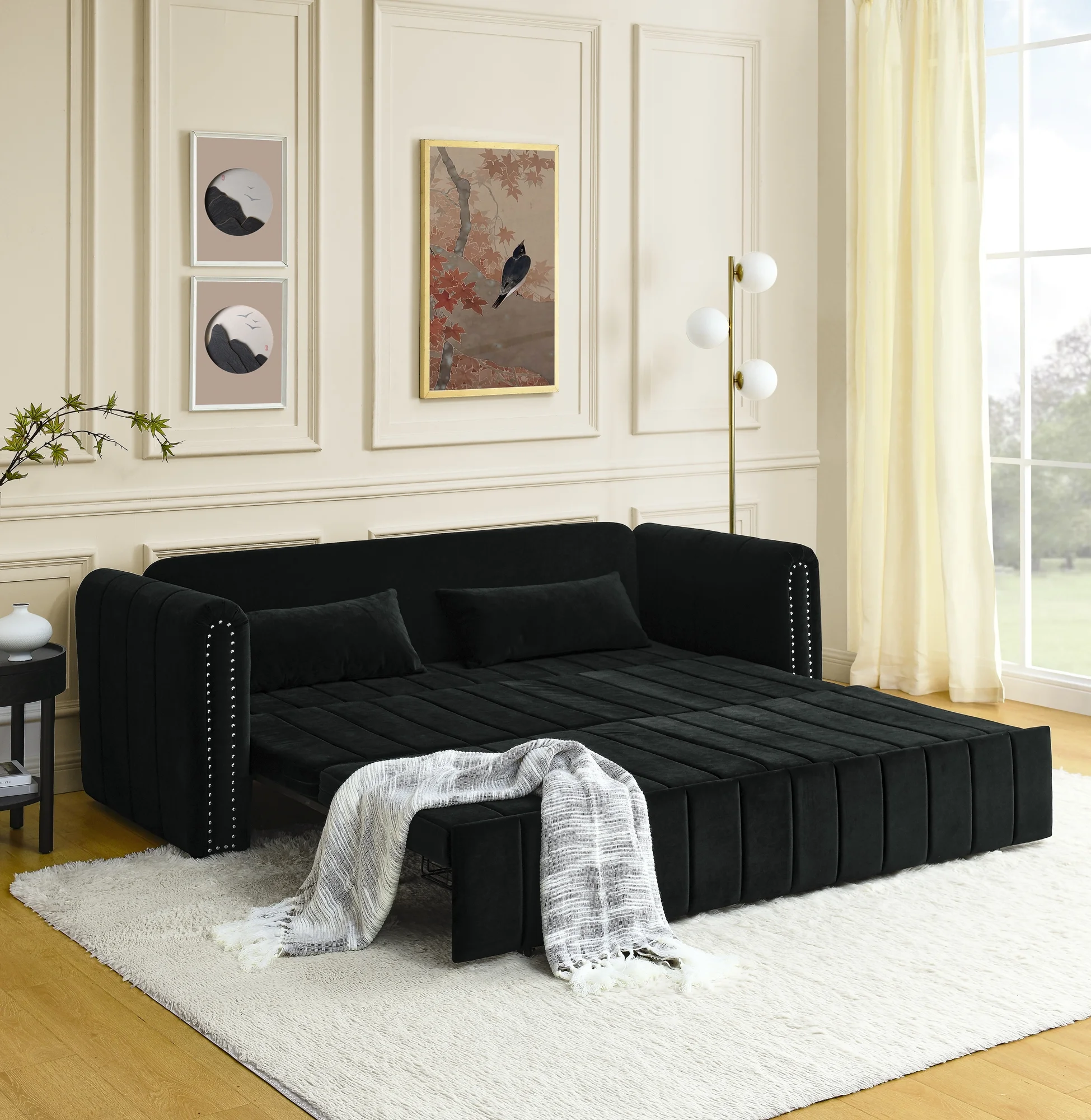 3-in-1 Convertible Sleeper Sofa Bed,Pull-Out Bed Sleeper with Rolled Arms Decorated with Copper Nails,Modern Upholstered 3 Seats Sofabed with Two Drawers and Two Pillows,Black
