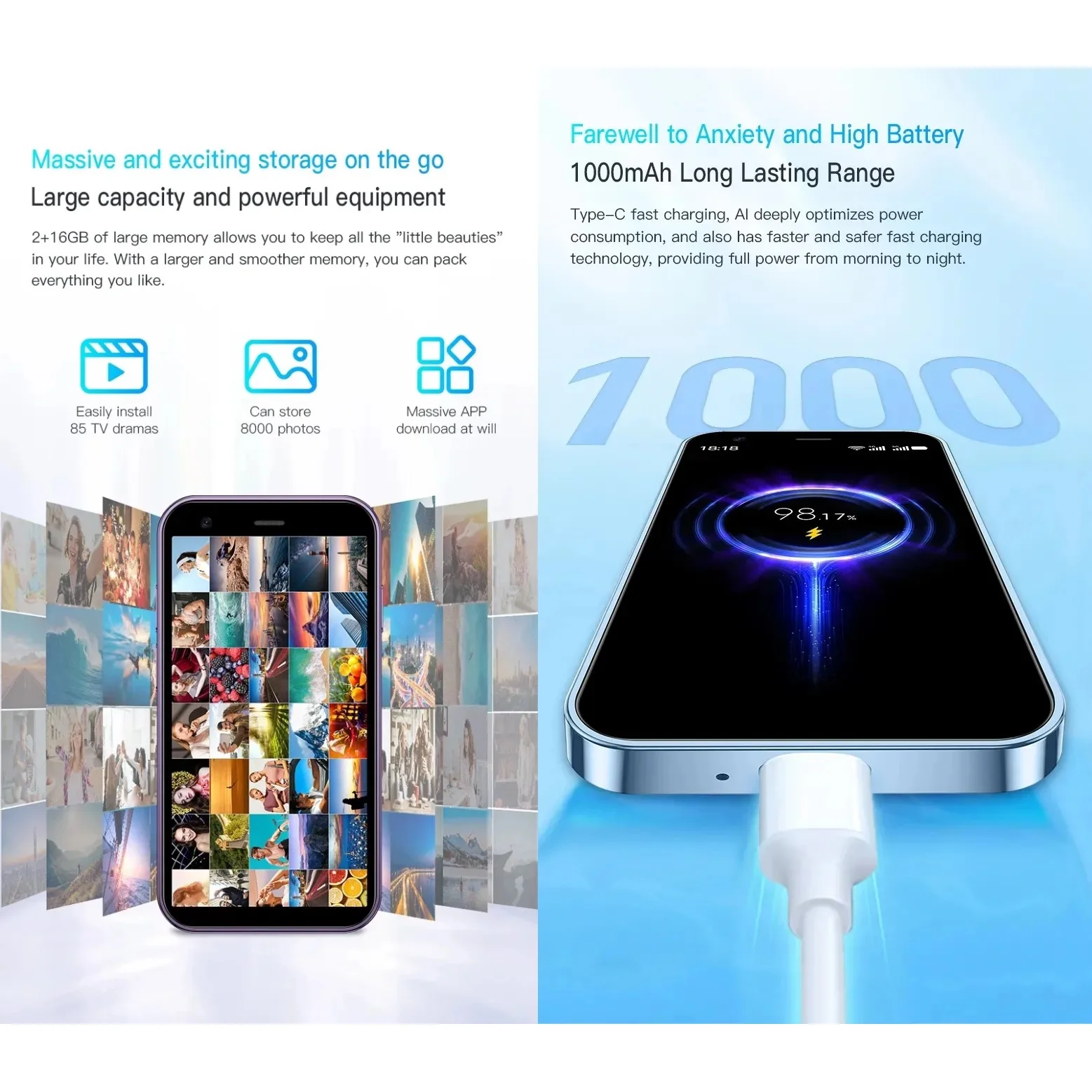 SOYES XS15 Ultra-thin 3.0Inch Small Phone 2GB+16GB Android 8.1 Dual SIM Standby 3G Mini Smartphone 1000mAh Wifi GPS Mobile Phone