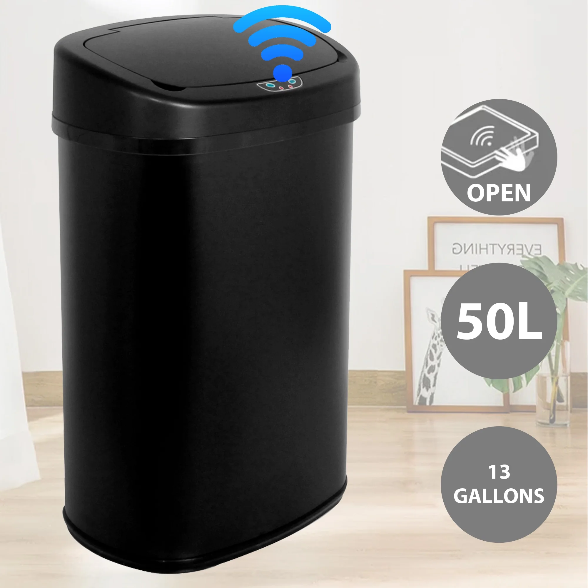 CL.HPAHKL 13 Gallon Trash Can with Touch-Free & Motion Sensor, Automatic Stainless-Steel Kitchen Garbage Can with Lid, Trashcan Trash Bin for for Bathroom Bedroom Home Office, Black