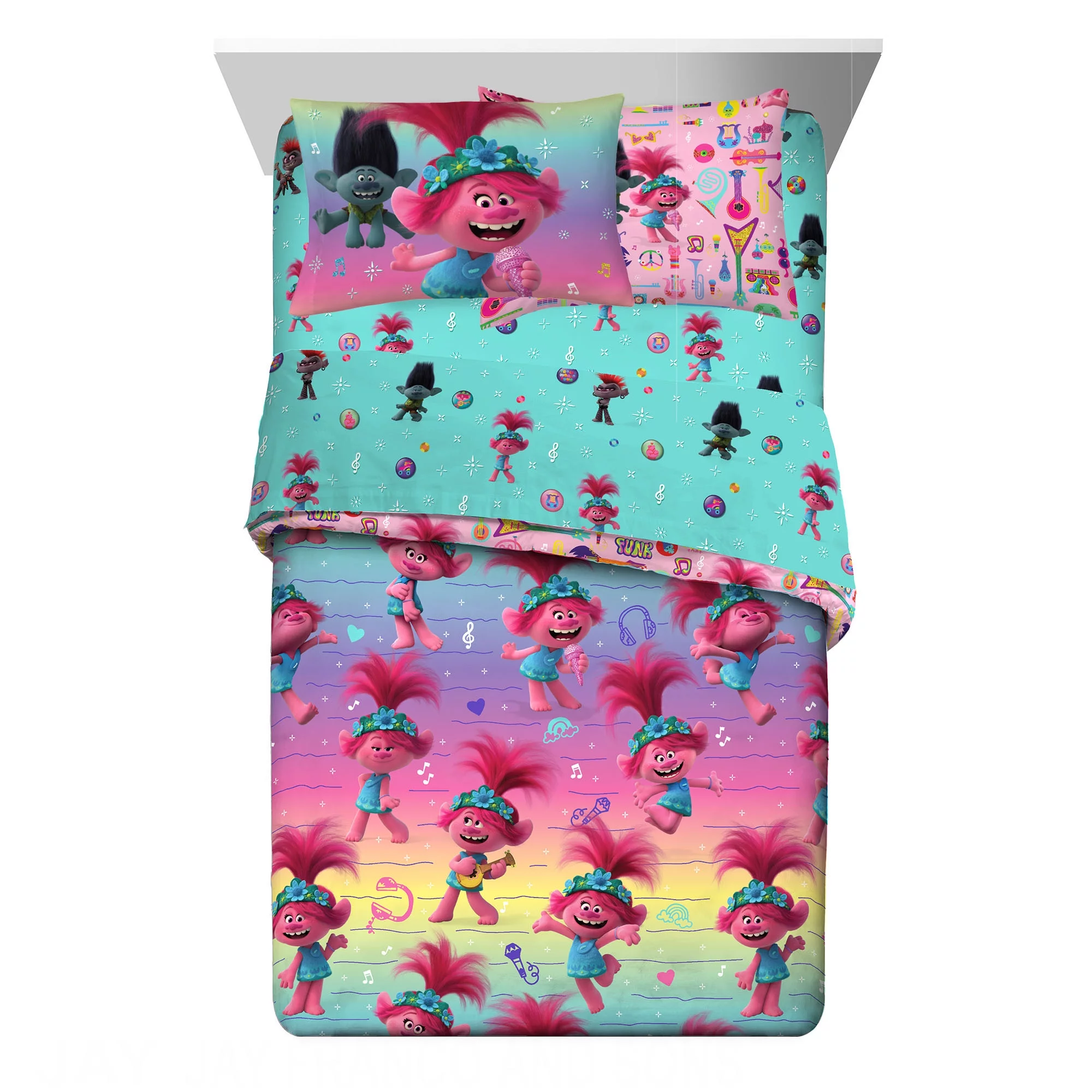 Trolls Kids Full Bed in a Bag, Comforter Sheets and Sham, Rainbow, DreamWorks