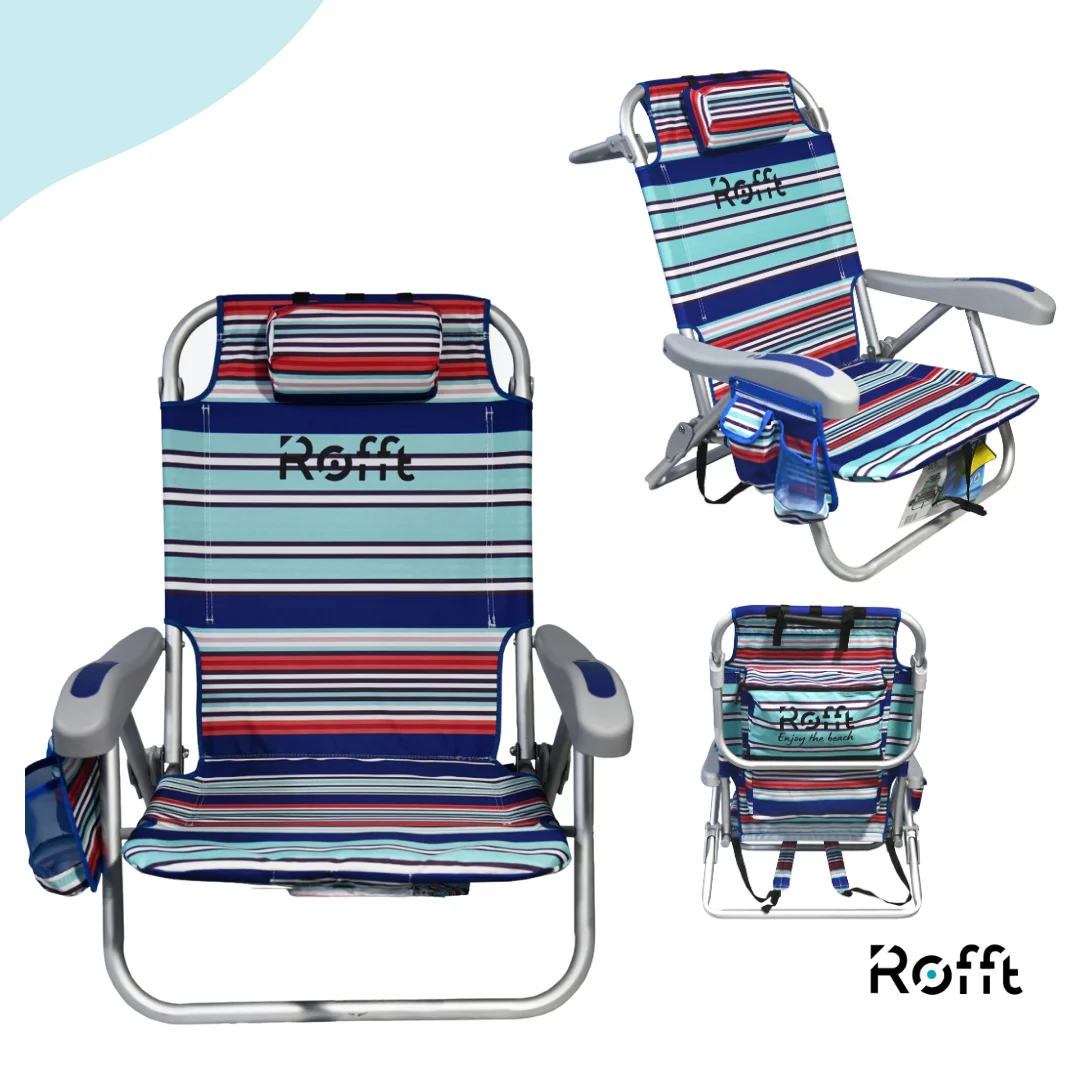 ROFFT Beach Chair Aluminum Lightweight 6 Positions Lay Flat Folding Backpack Camping Chair with Cooler Cup Holder Storage Pouch and Phone Holder Bed Position Built-in Towel bar (Rainbow Stripe Short)