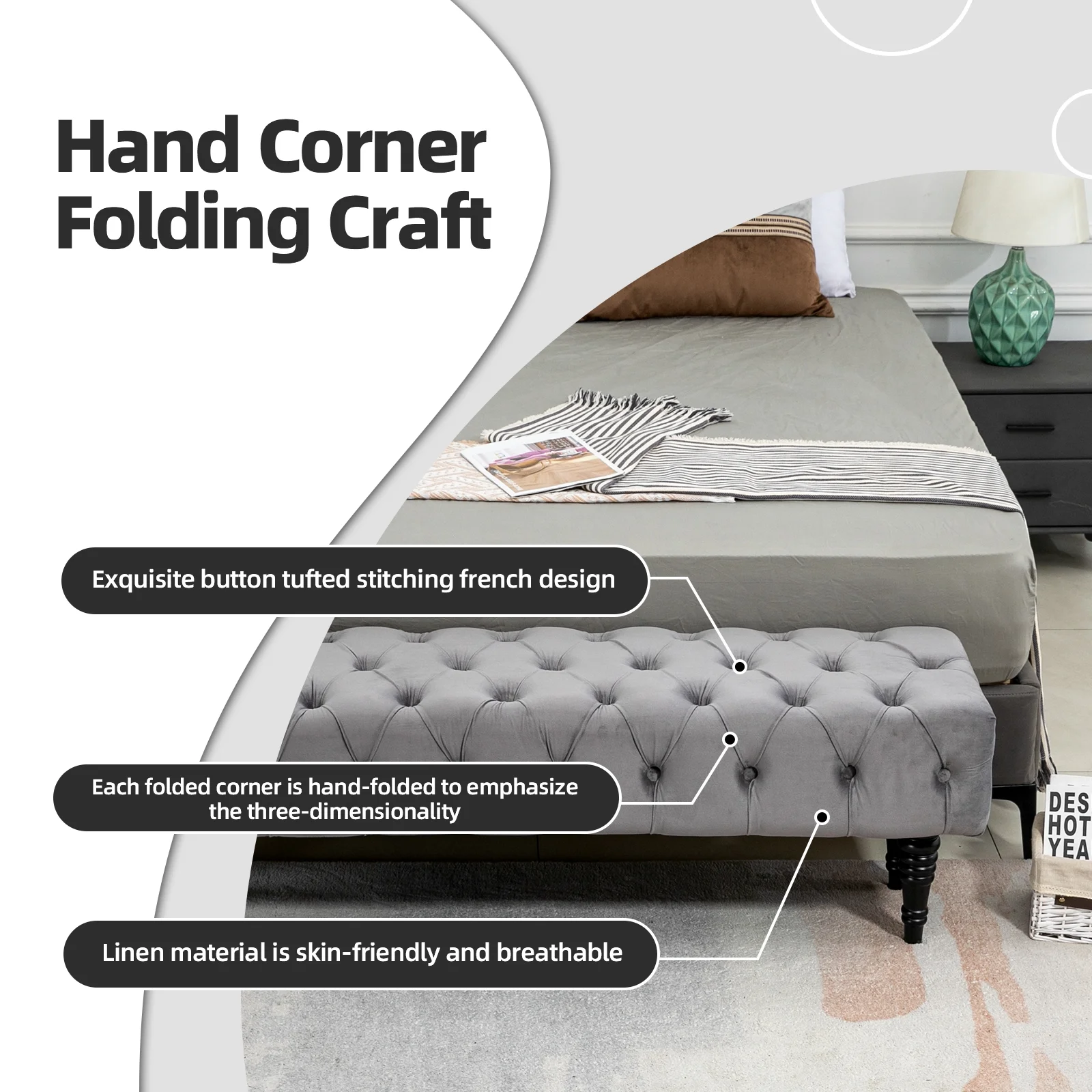 AVAWING Upholstered Tufted Ottoman Bench, Rectangular Accent Bench, Corduroy Padded Benches for Entryway, Dining Room, Living Room, Bedroom, Gray