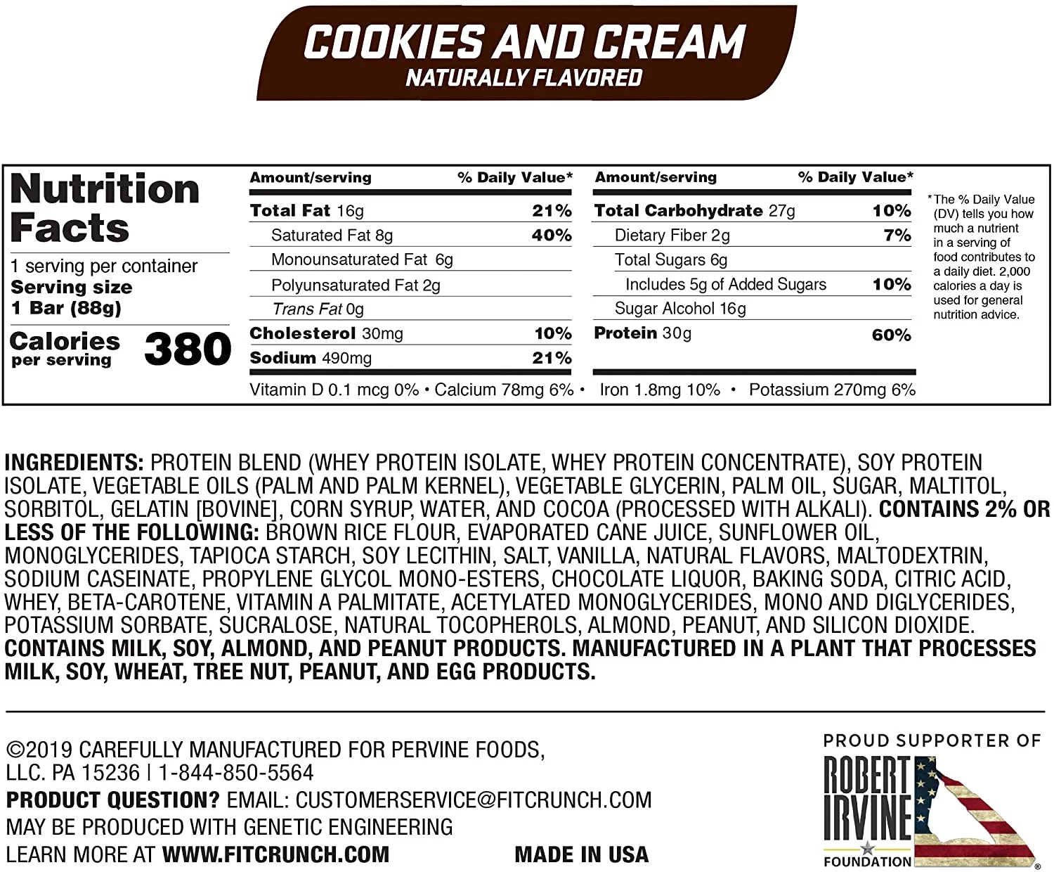 Fit Crunch Protein Bar, Cookies & Cream, 30g Protein, 12 ct