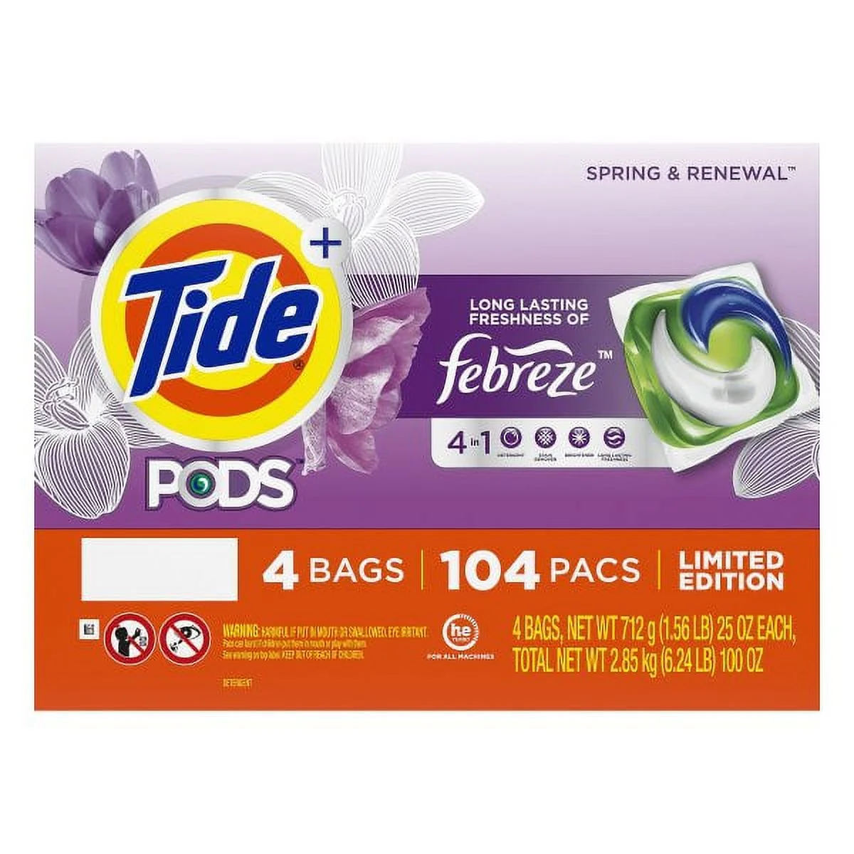 Tide PODS + Febreze Liquid Laundry Detergent Pacs, Spring & Renewal (104 Count)
