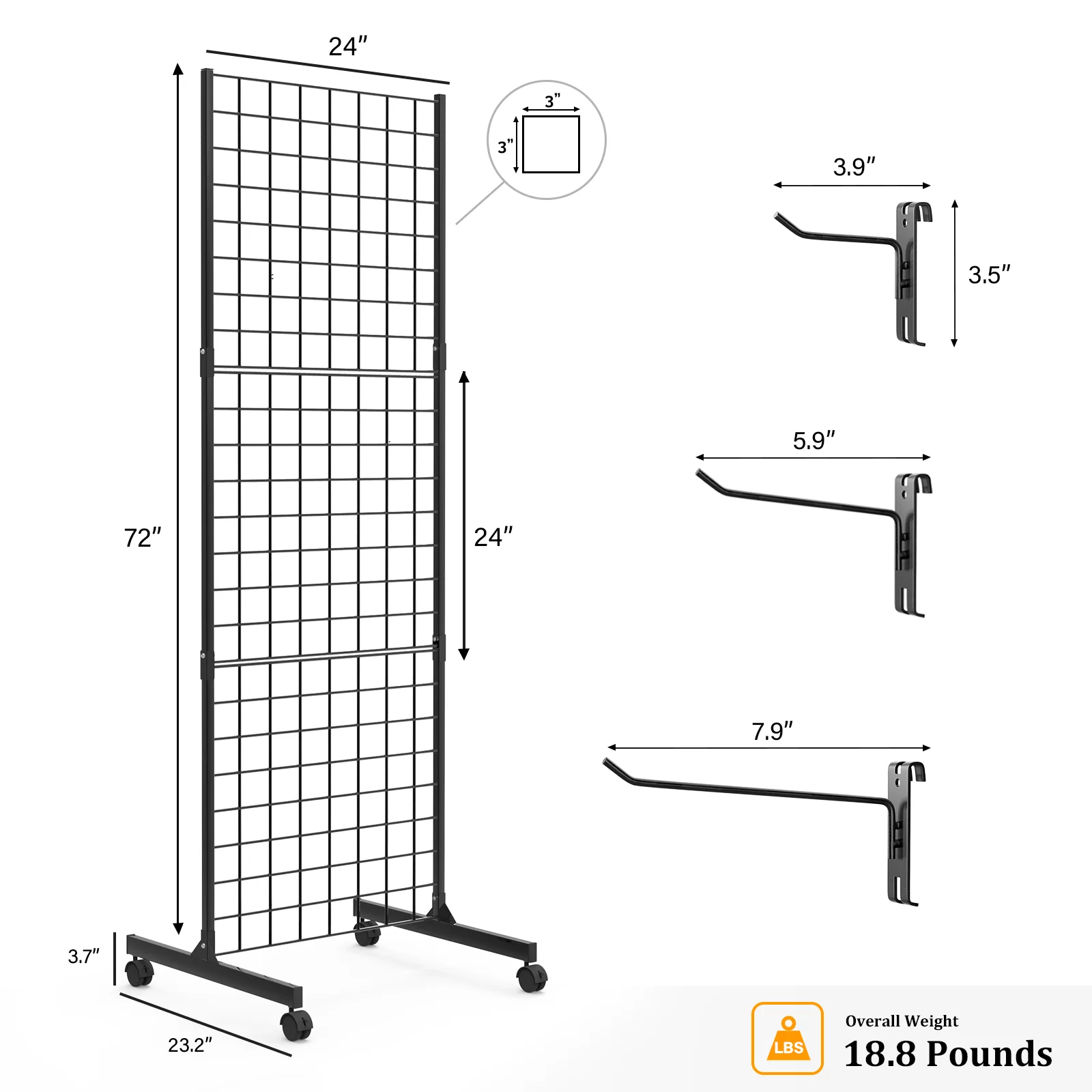 Bonnlo 2' x 6' Standing Grid Tower, Detachable Girdwall for Easy Transport, Wire Grid Panel Display Rack(1-Pack)